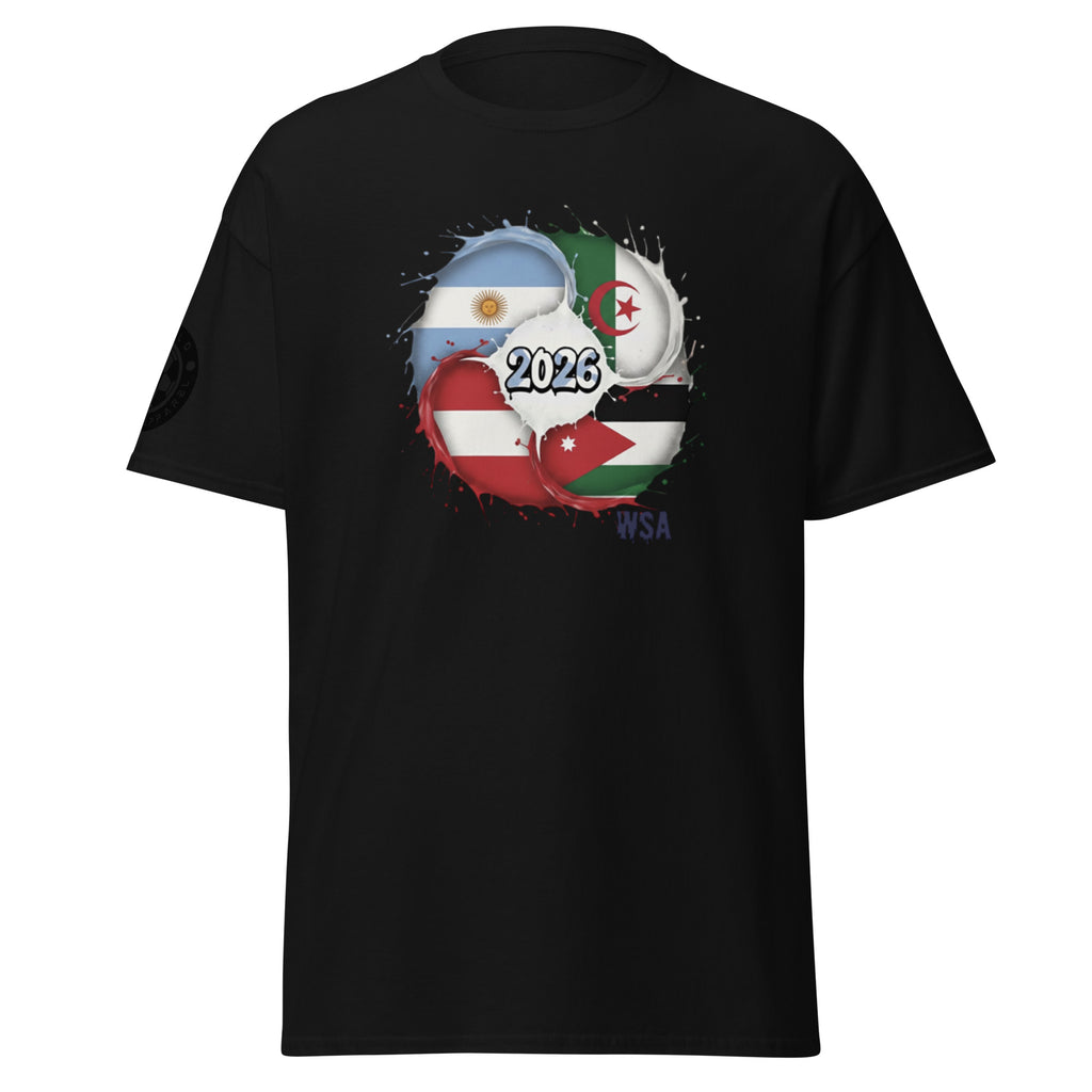Black t-shirt with flag design and '2026' printed on a white background