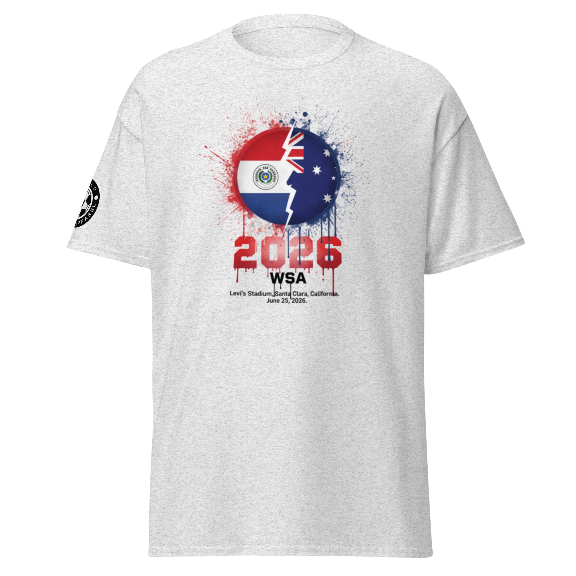 White t-shirt with a colorful design featuring flags and text on a white background