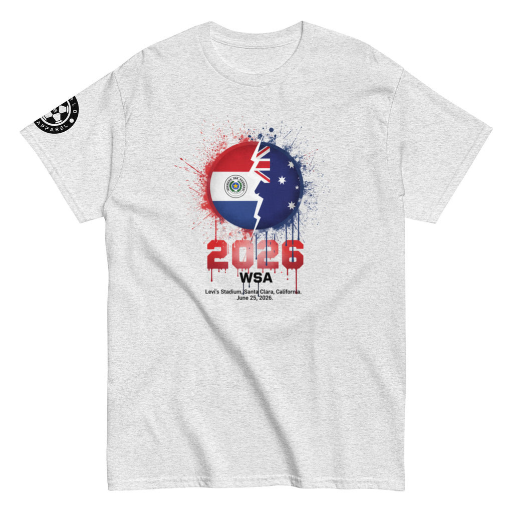 Gray t-shirt with a graphic design featuring two flags and the year 2026 on a white background.
