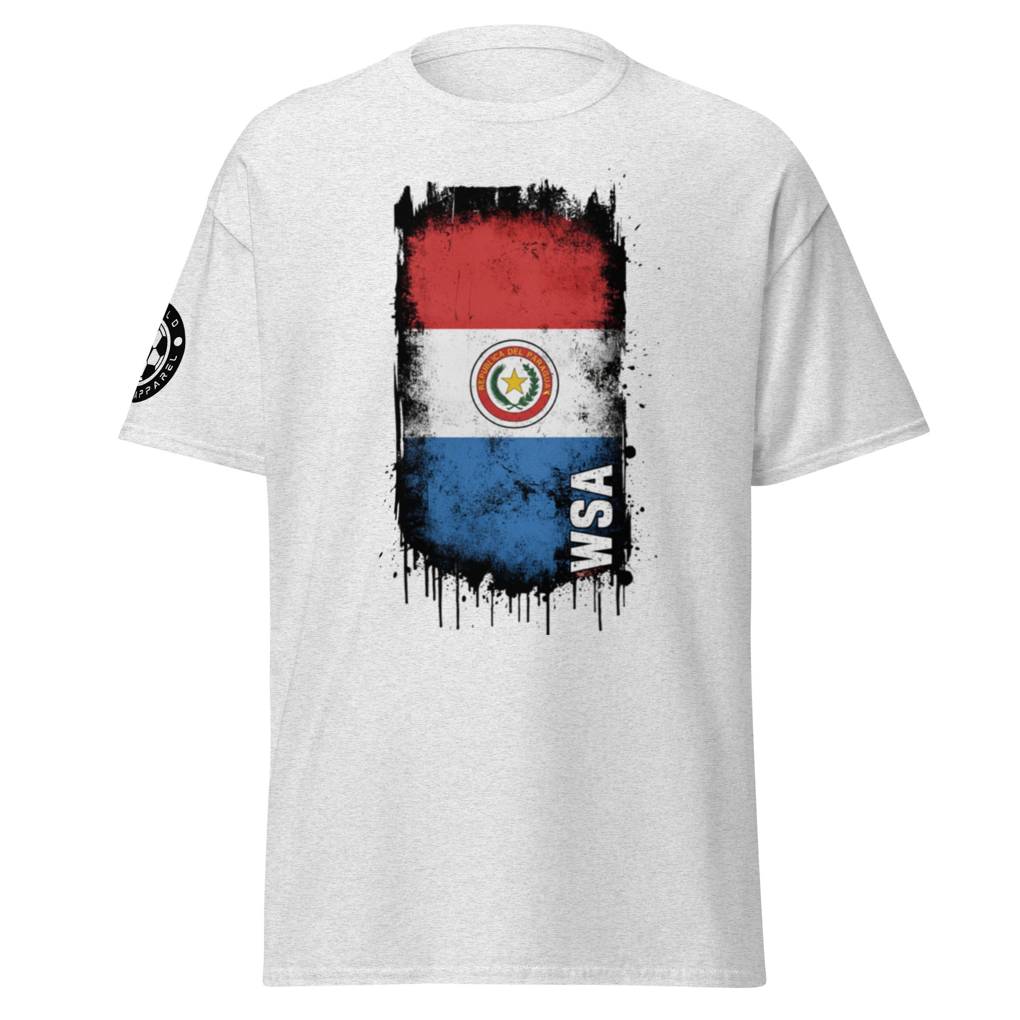 White t-shirt with Paraguayan flag design and 'WSA' text on a white background