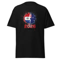 Black t-shirt with a graphic design featuring two flags and the year 2026 on a white background