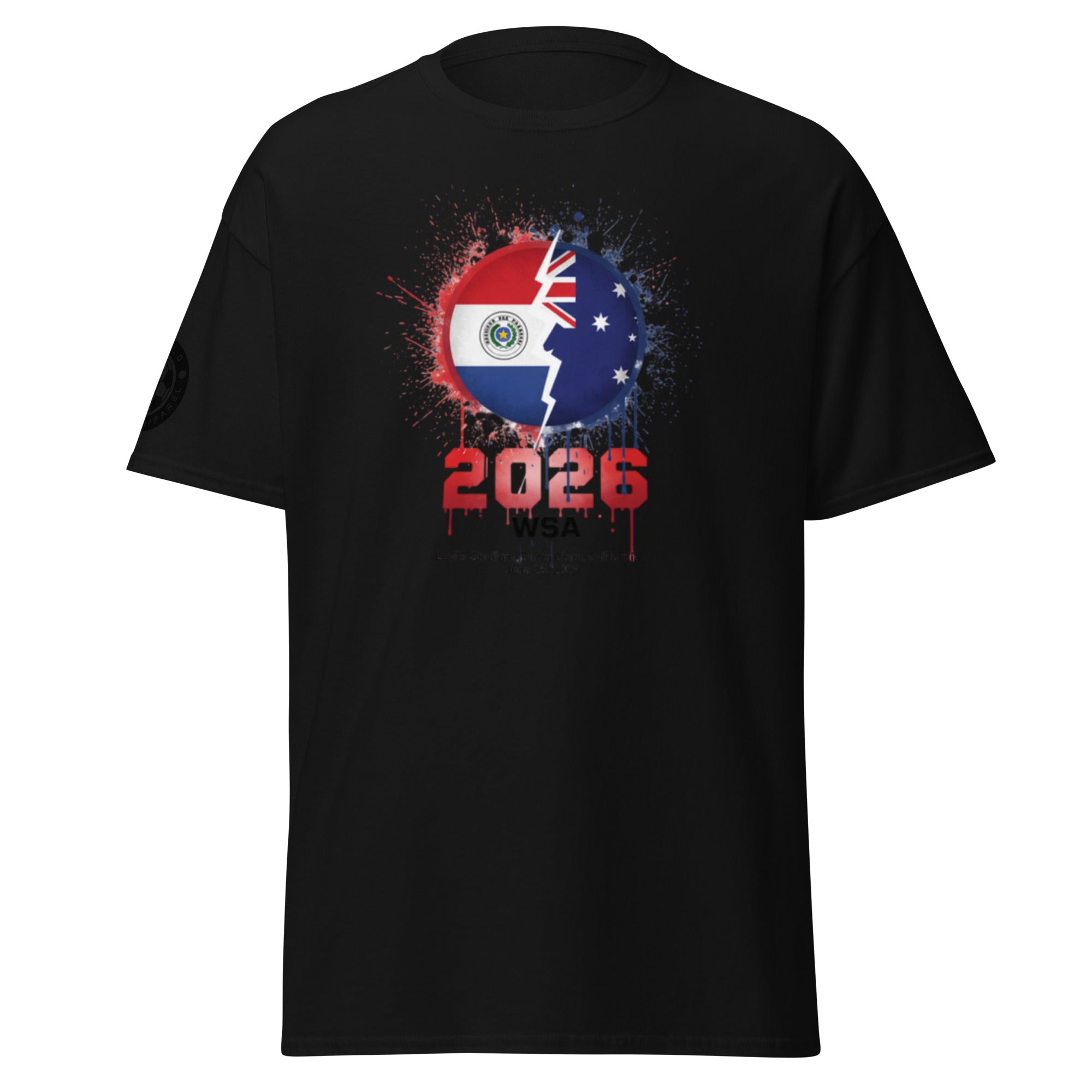 Black t-shirt with a graphic design featuring two flags and the year 2026 on a white background