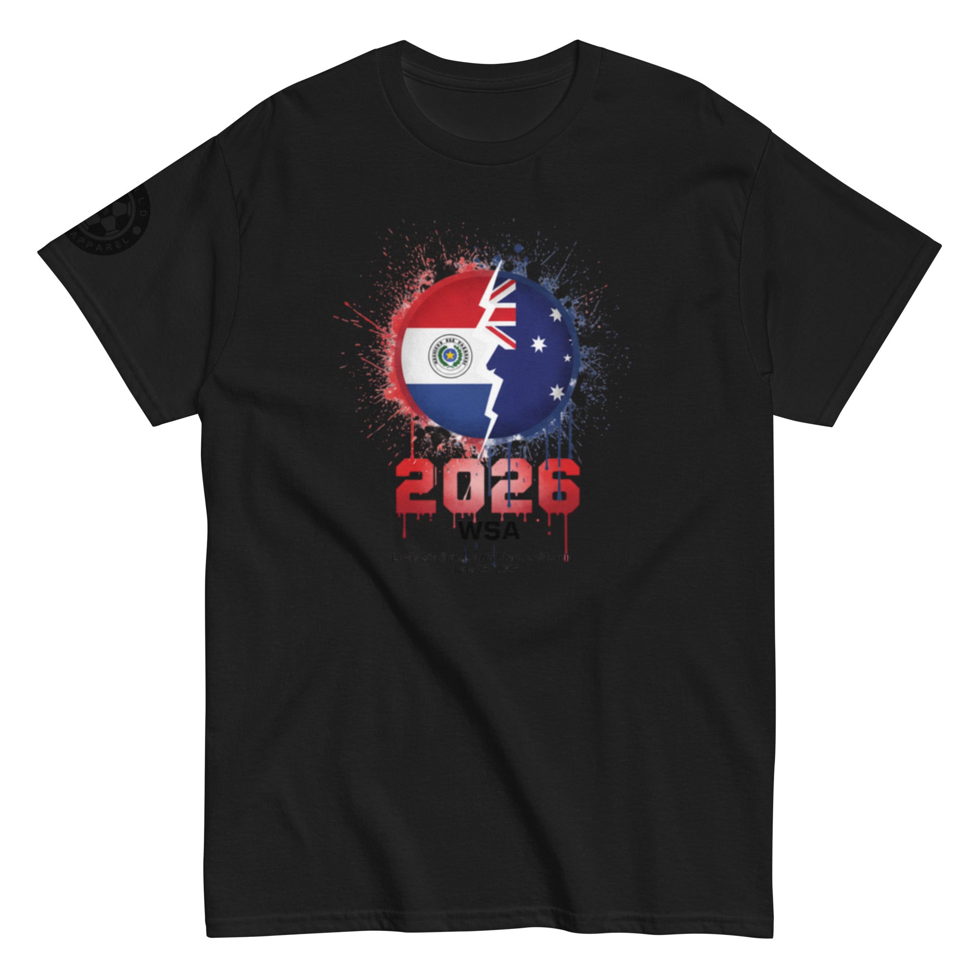 Black t-shirt with a graphic design featuring two flags and the year 2026 on a white background.