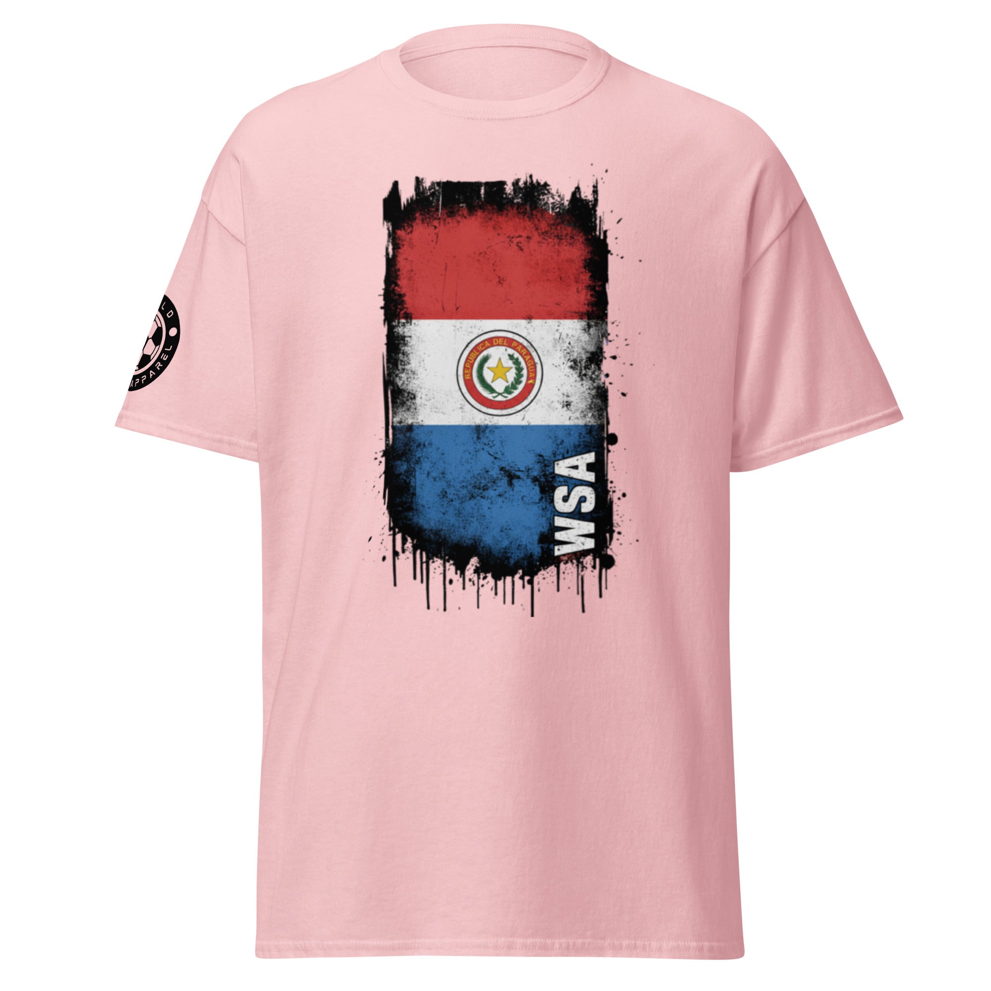Pink t-shirt with Paraguayan flag design on a white background