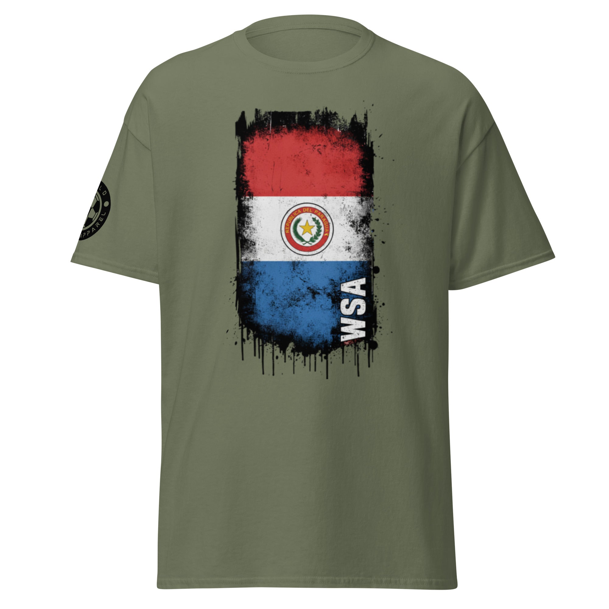 Green t-shirt with Paraguayan flag design on a white background