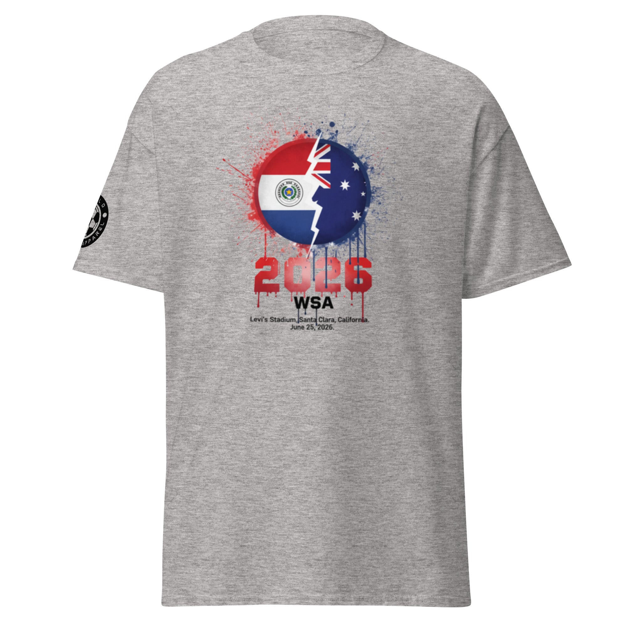 Gray t-shirt with a graphic design featuring flags and text on a white background