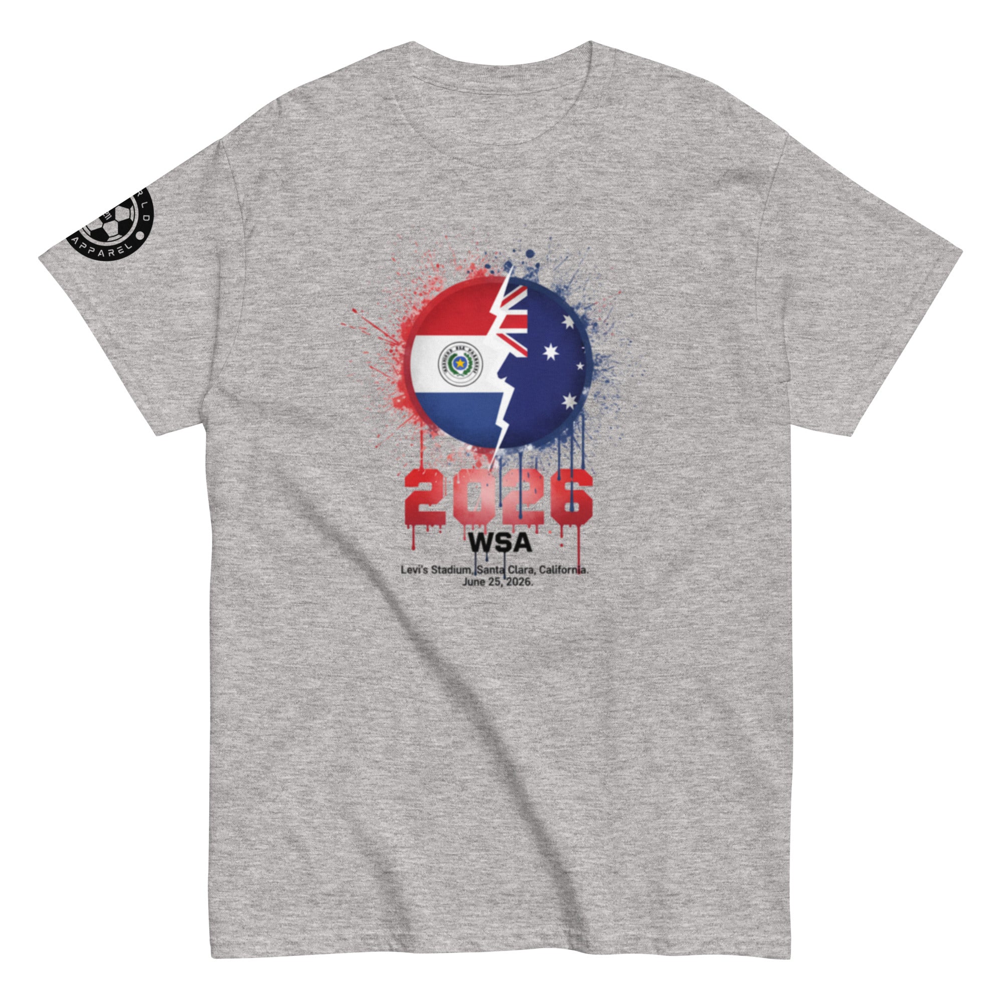 Gray t-shirt with a graphic design featuring a split flag and '2026 WSA' text on a white background.