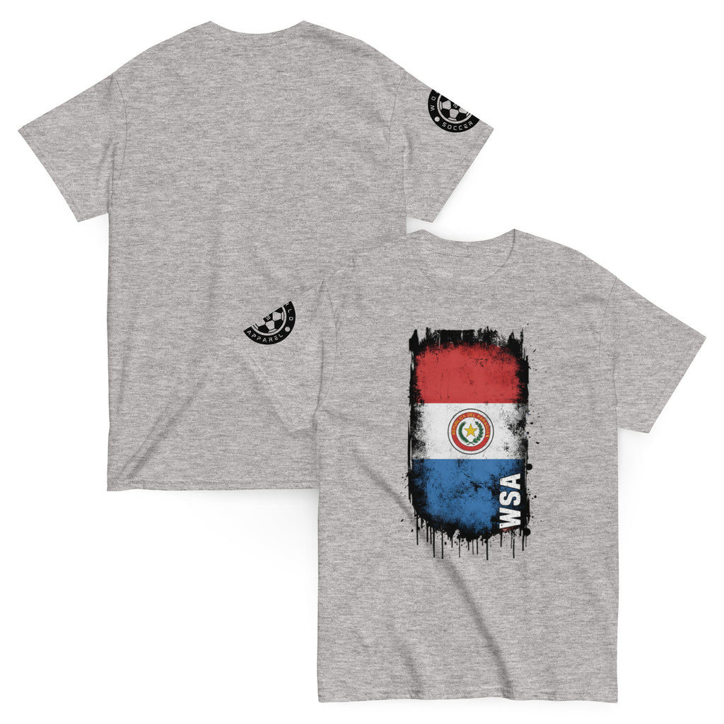 Gray t-shirt with Paraguayan flag design on a white background