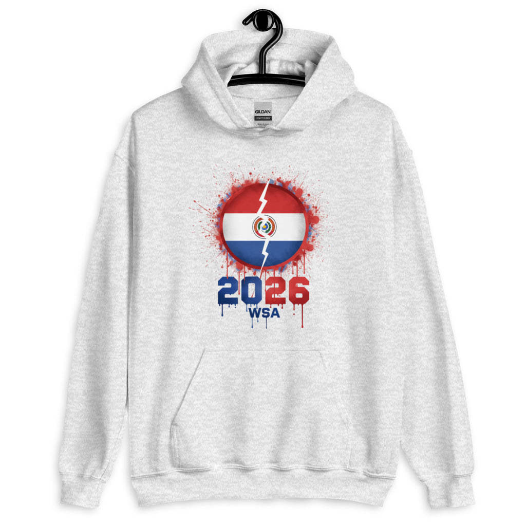 White hoodie with a red, white, and blue graphic design on a hanger against a white background