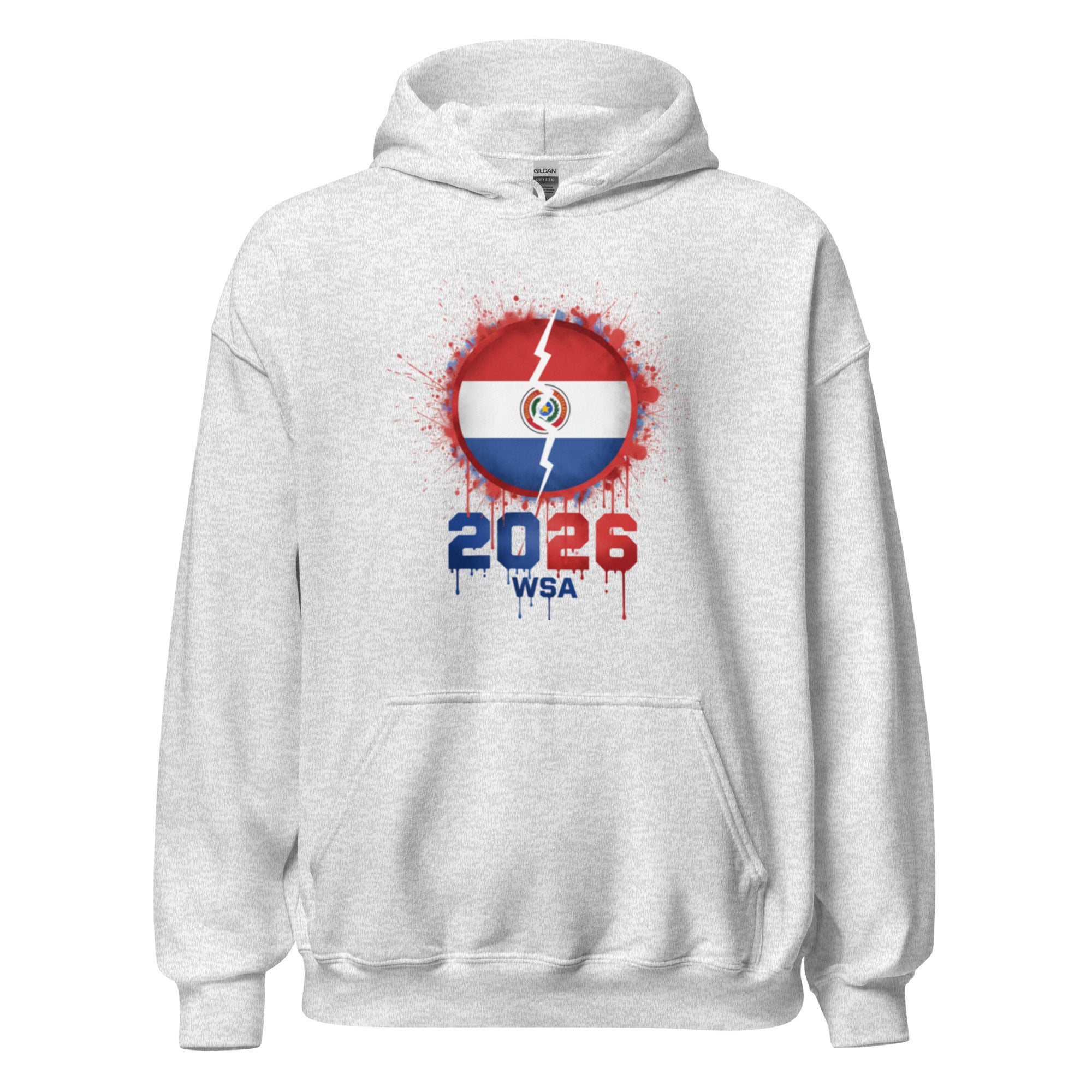 Gray hoodie with a design featuring a flag and '2026 WSA' text on a white background