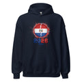 Navy blue hoodie with a graphic design featuring a flag and '2026' text on a white background