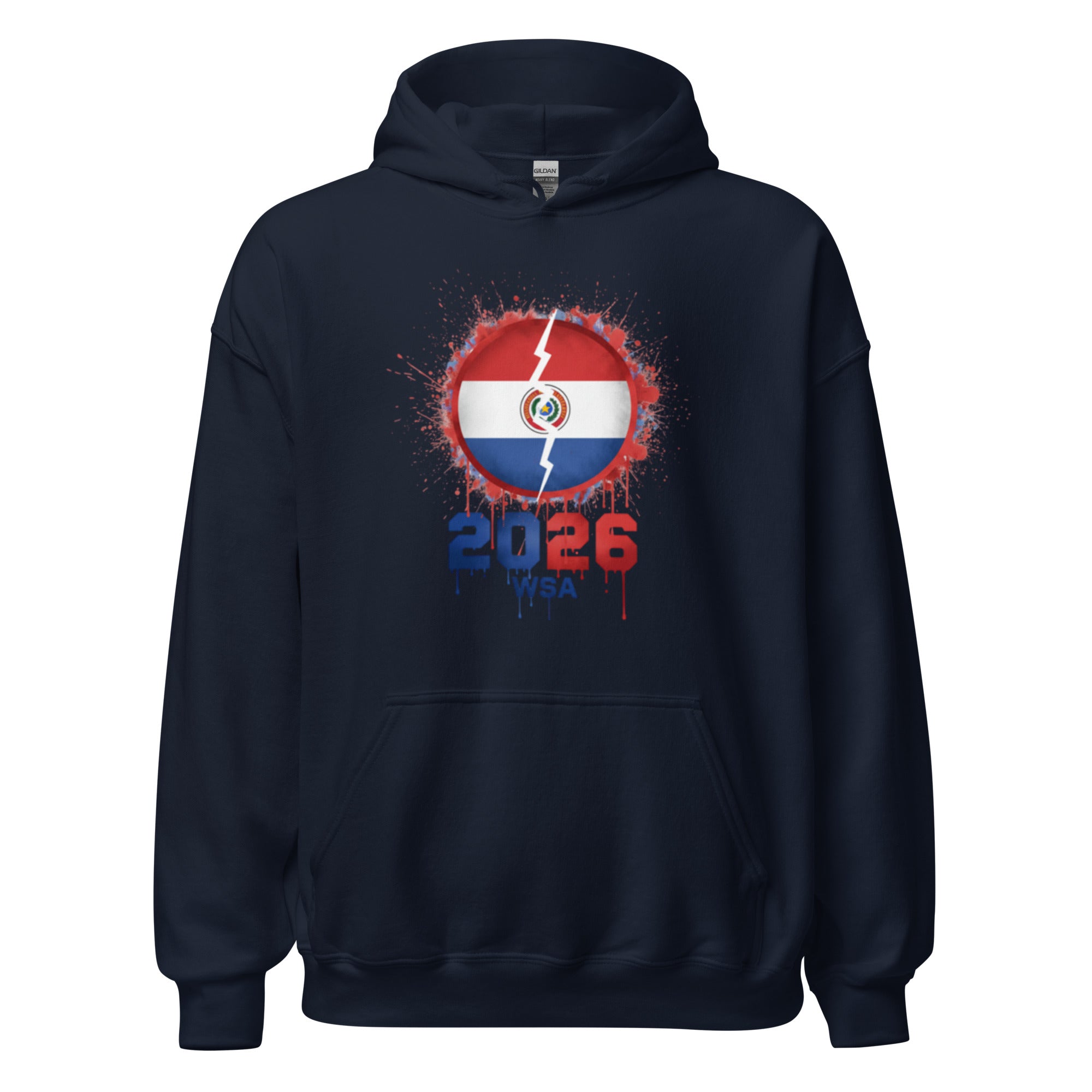 Navy blue hoodie with a graphic design featuring a flag and '2026' text on a white background