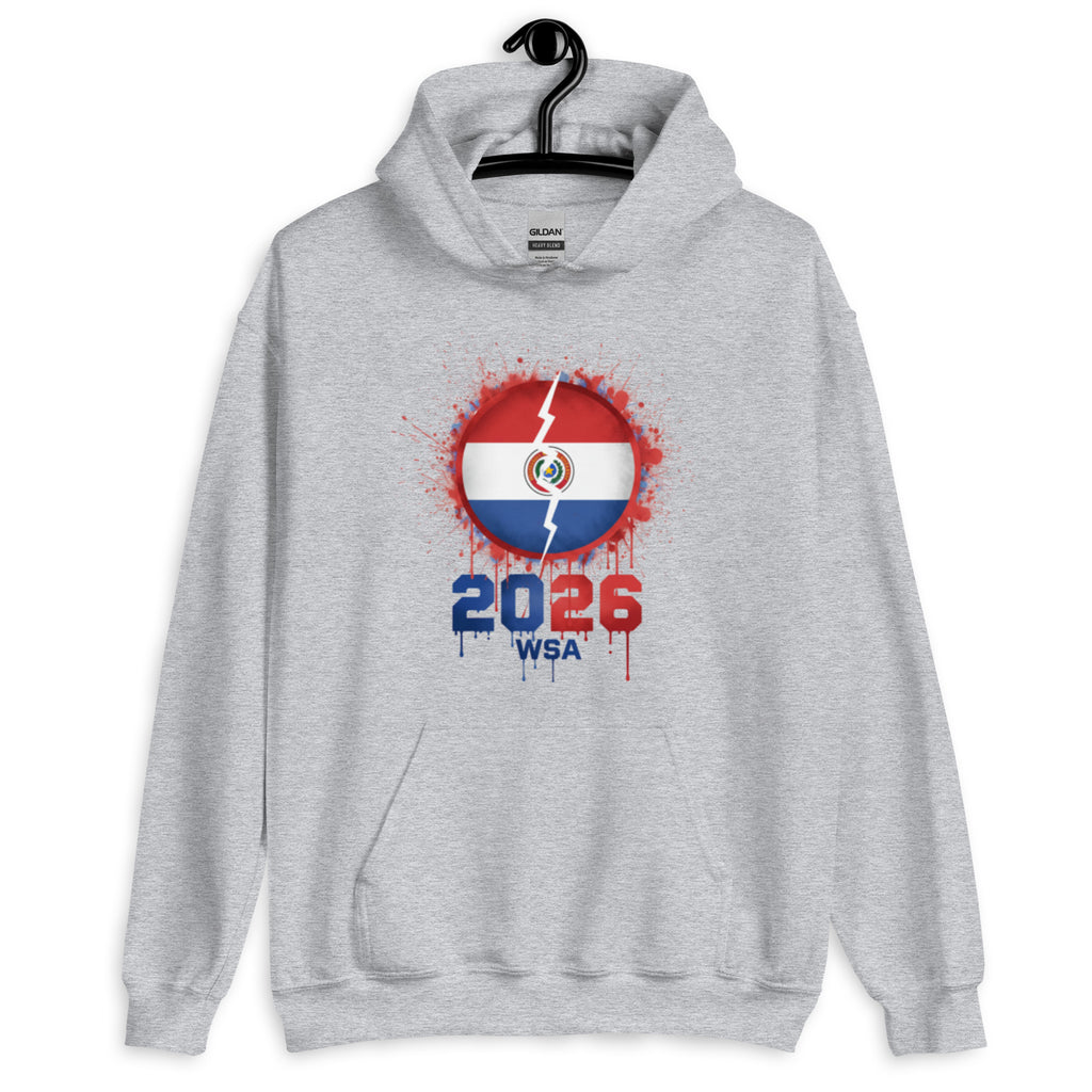 Gray hoodie with a design featuring a flag and '2026 WSA' text on a white background
