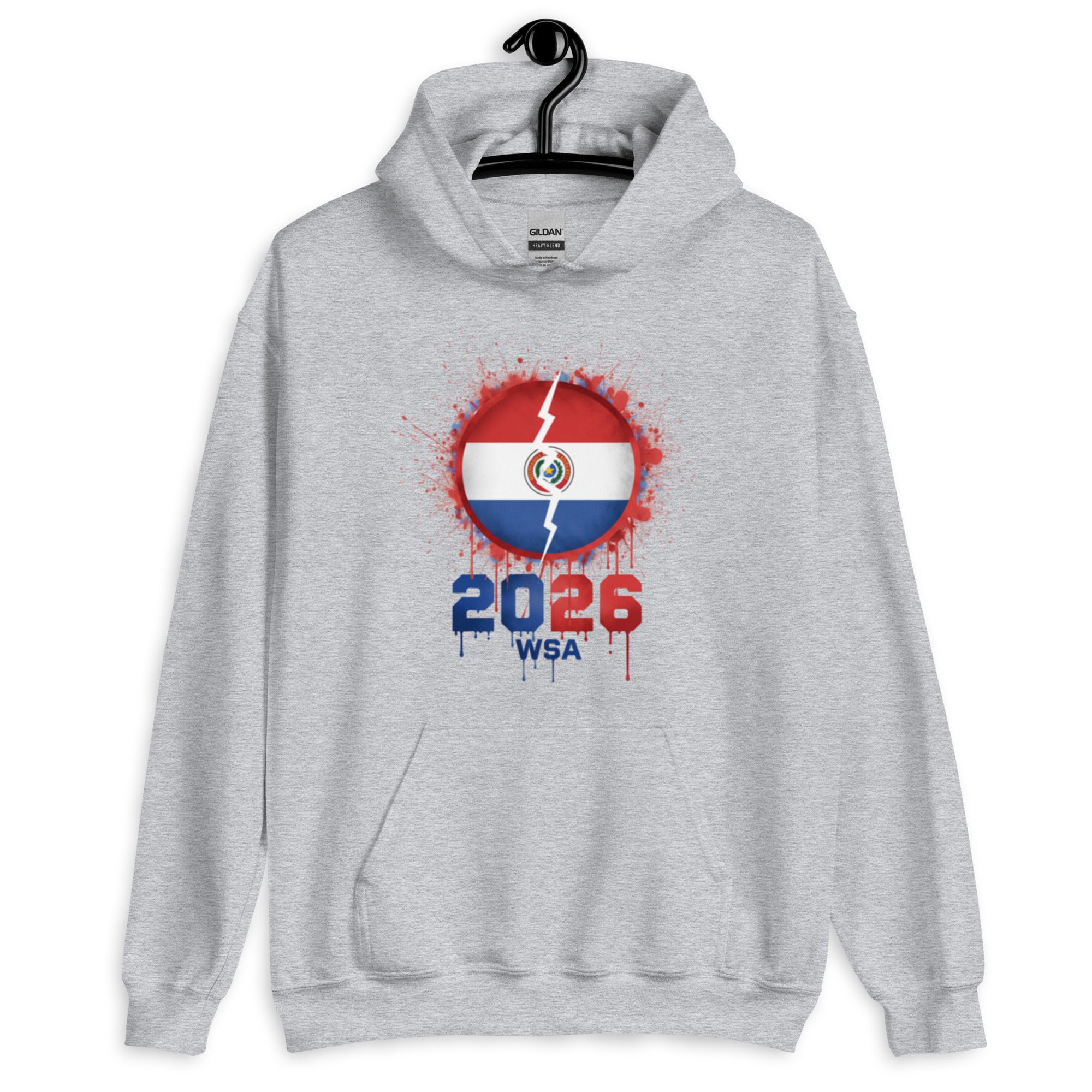 Gray hoodie with a design featuring a flag and '2026 WSA' text on a white background
