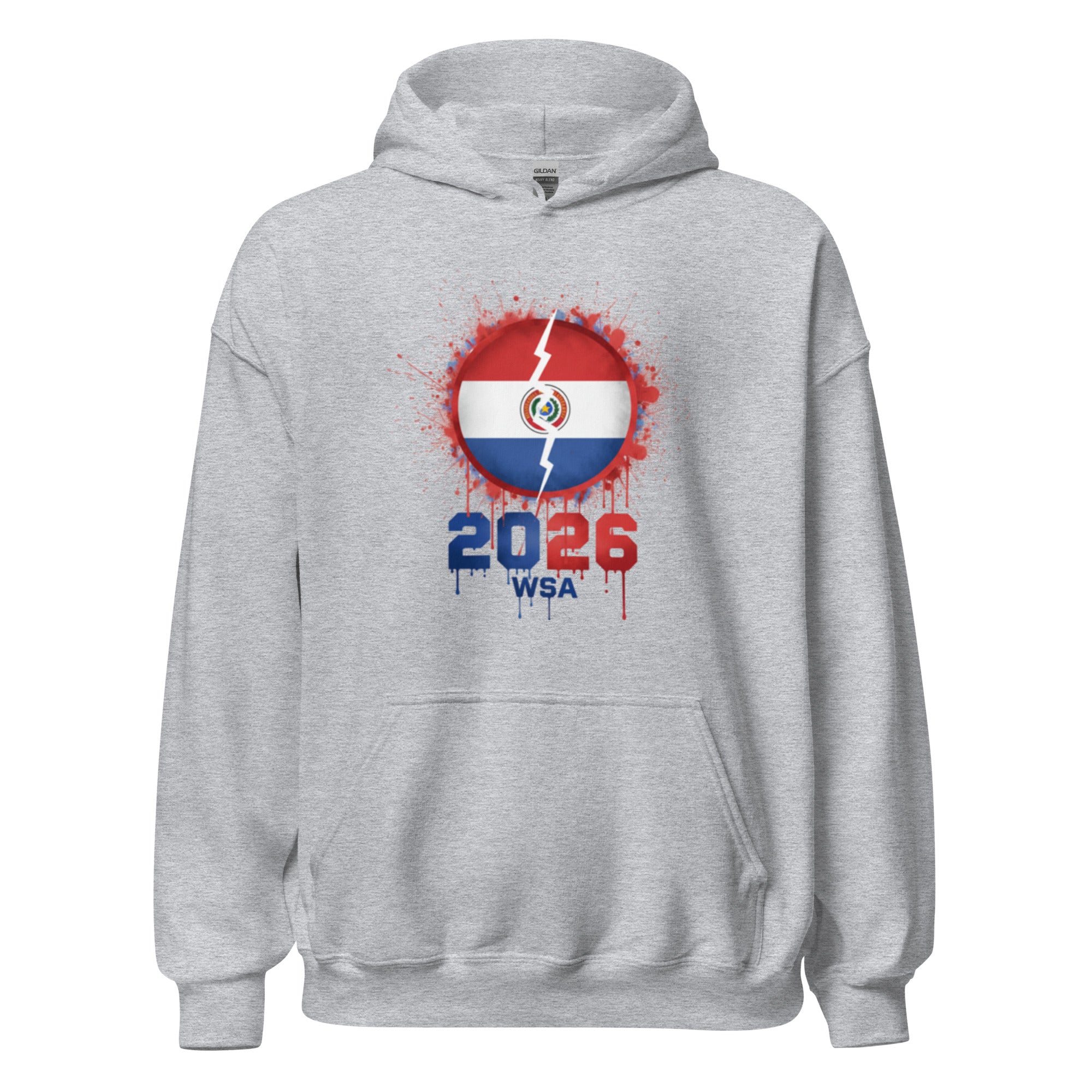 Gray hoodie with a design featuring a flag and '2026 WSA' text on a white background