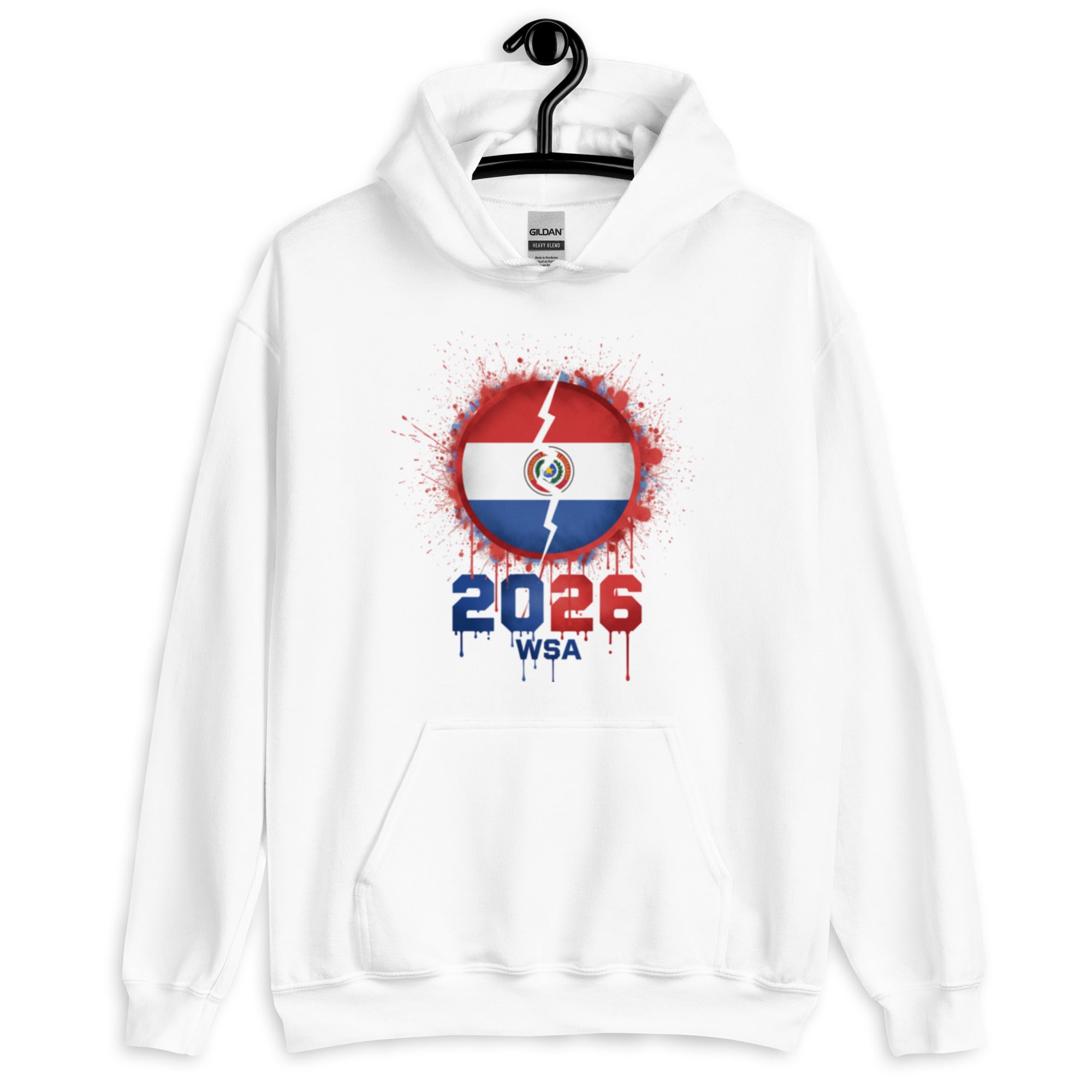 White hoodie with a design featuring a flag and '2026 WSA' text on a white background