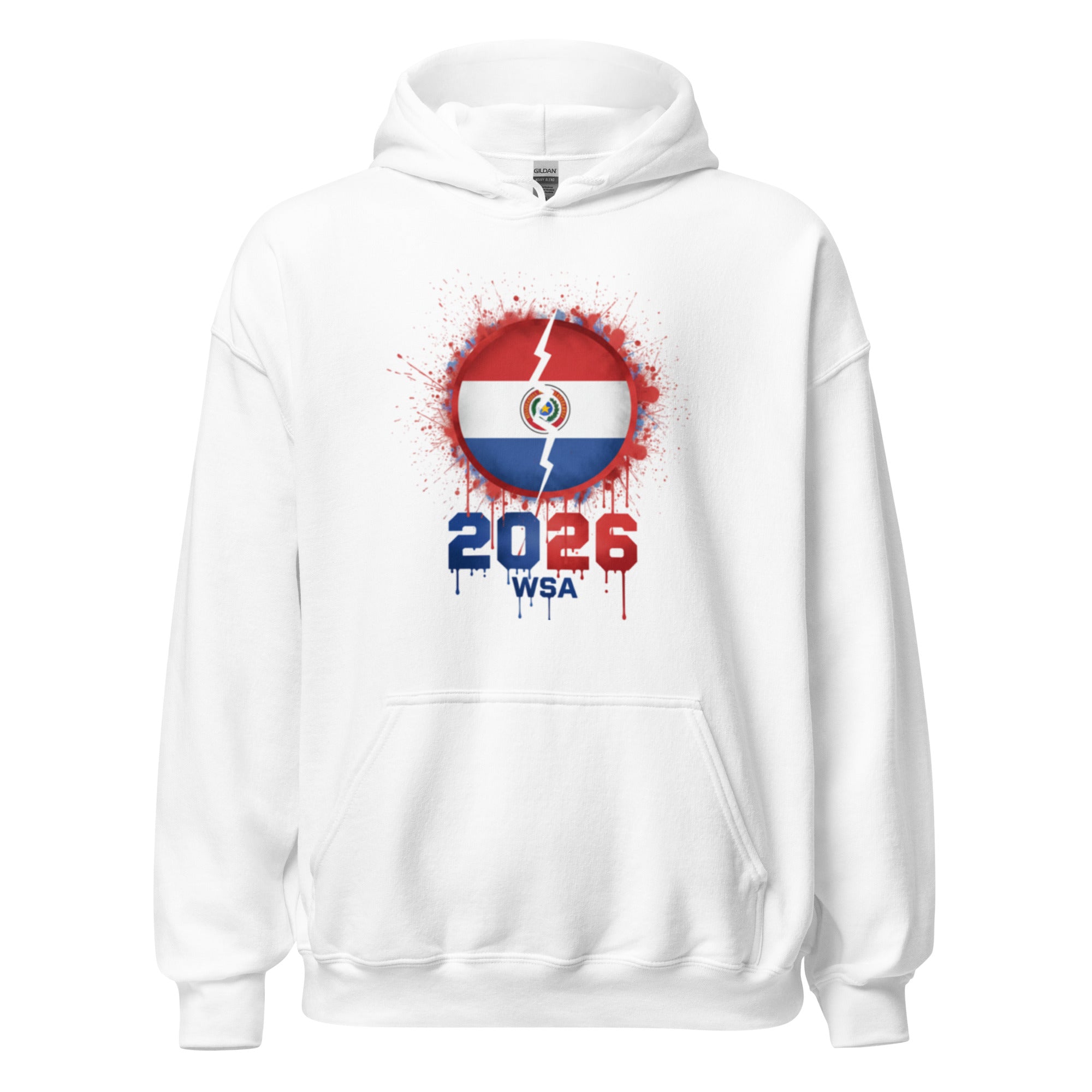White hoodie with a design featuring a flag and '2026 WSA' text on a white background