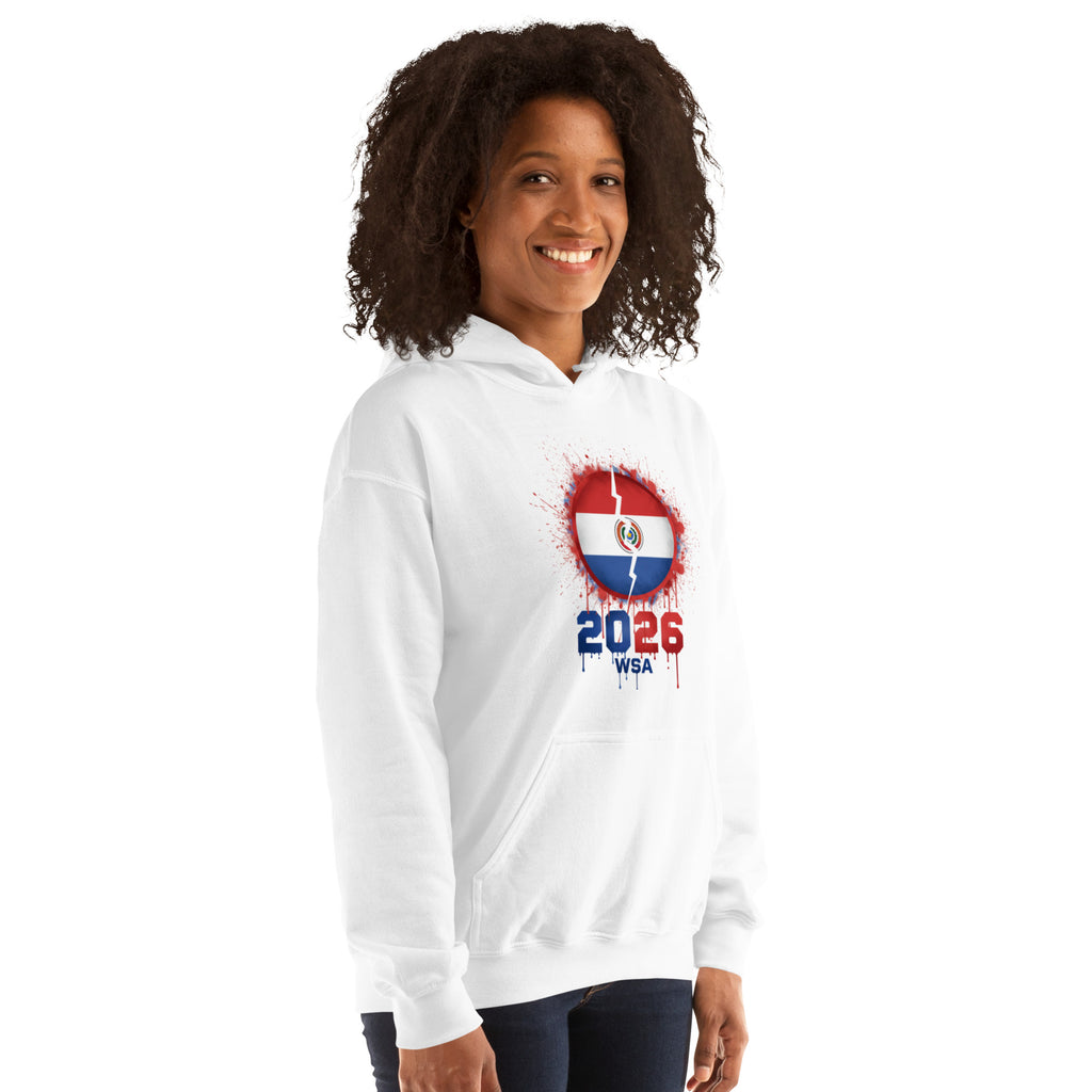 Person wearing a white hoodie with a design featuring the number 2026 and text on a white background