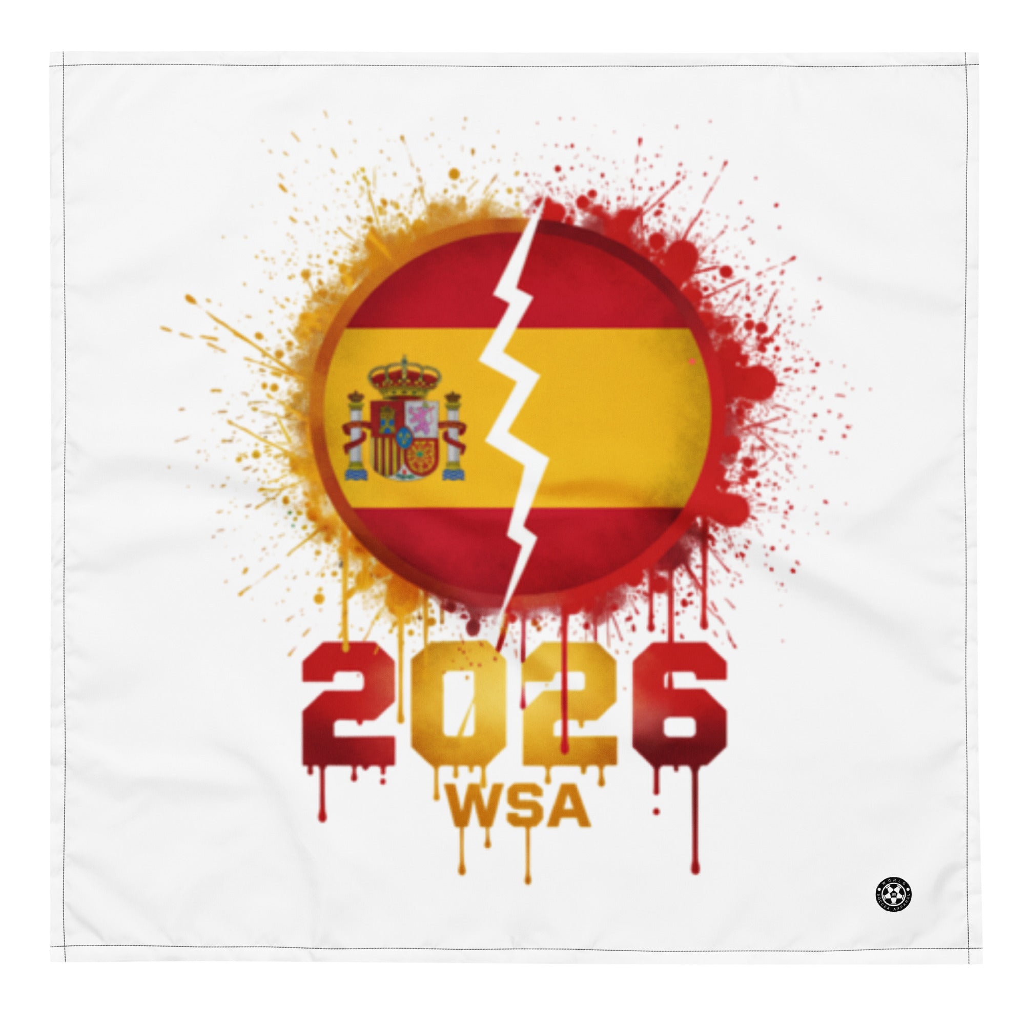 Design with Spanish flag, lightning bolt, and '2026 WSA' text on a white background