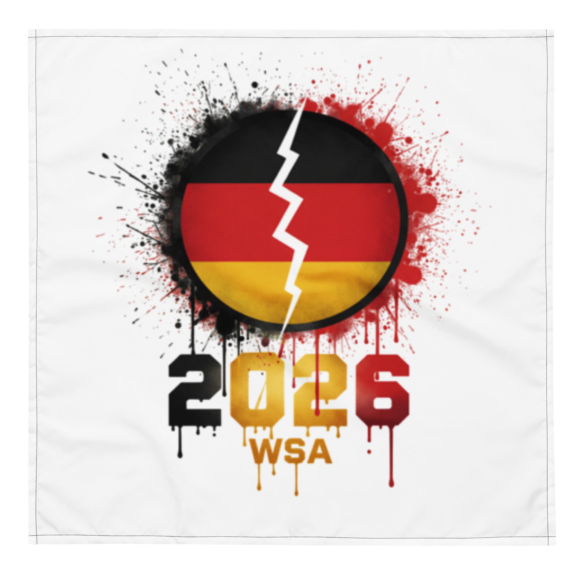 Design with German flag, lightning bolt, and '2026 WSA' text on a white background