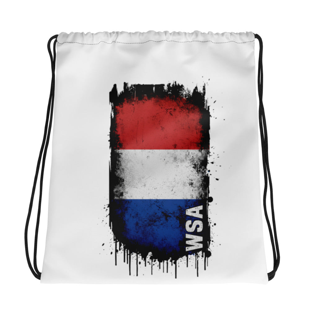 Drawstring bag with a flag design and 'WSA' text on a white background