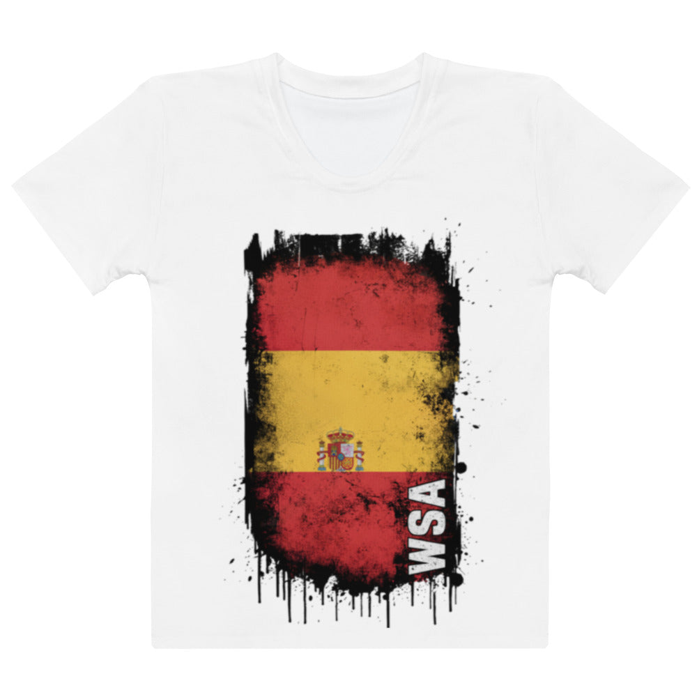 White t-shirt with a graphic of the Spanish flag and 'WSA' text on a white background