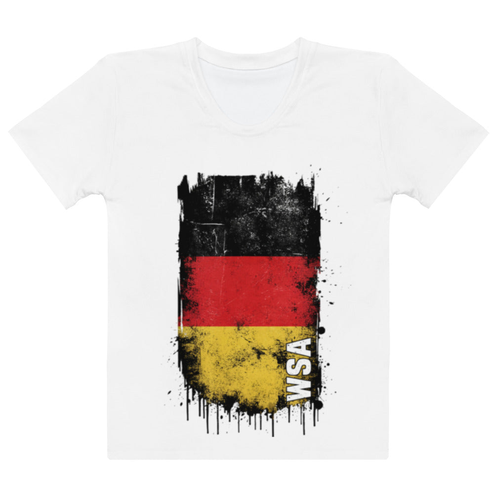 White t-shirt with a black, red, and yellow flag design and 'WSA' text on a white background