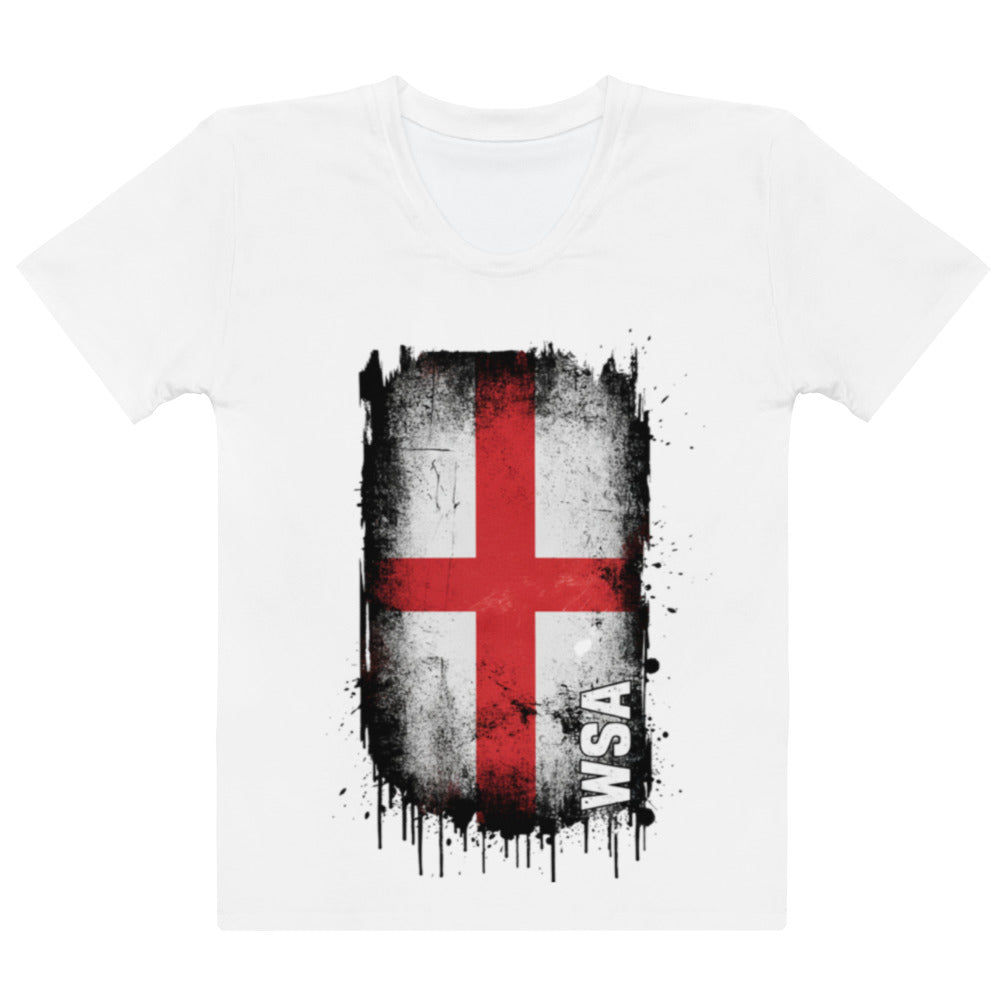 White t-shirt with a red cross design and 'WSA' text on a white background
