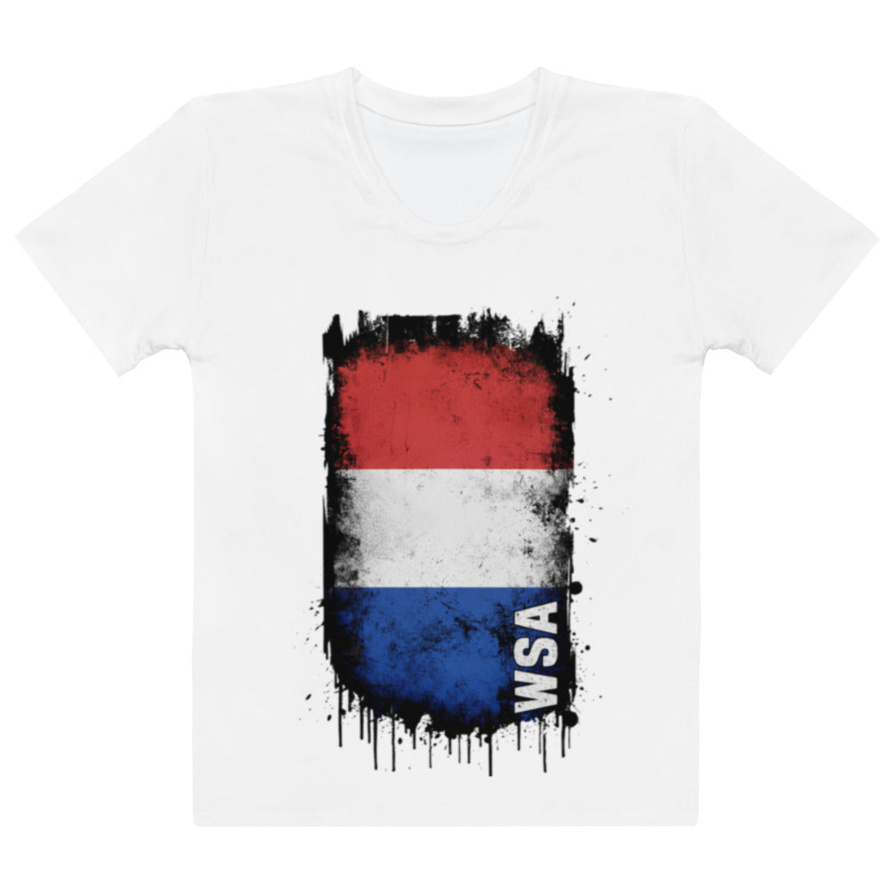 White t-shirt with a red, white, and blue flag design and 'WSA' text on a white background