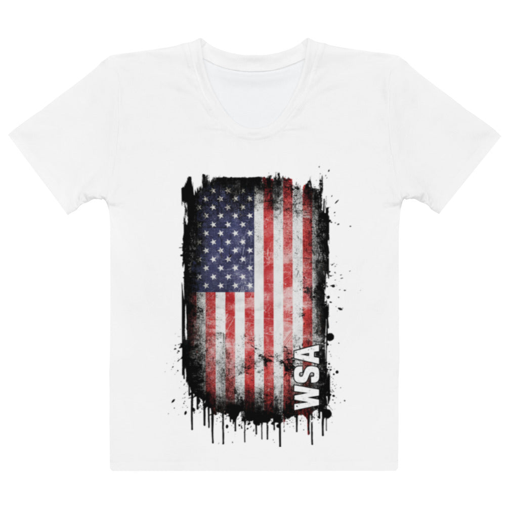 White t-shirt with American flag design and 'WSA' text on a white background