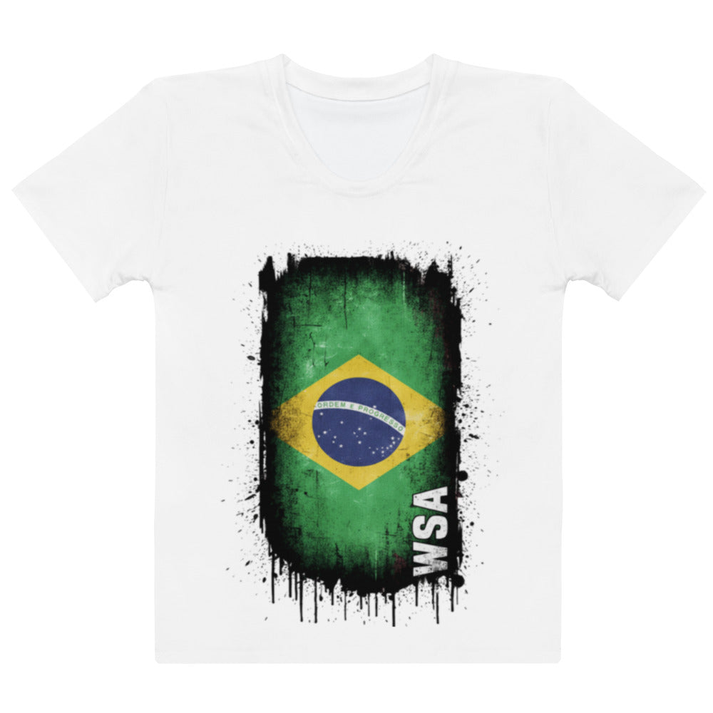White t-shirt with a Brazilian flag design and 'WSA' text on a white background