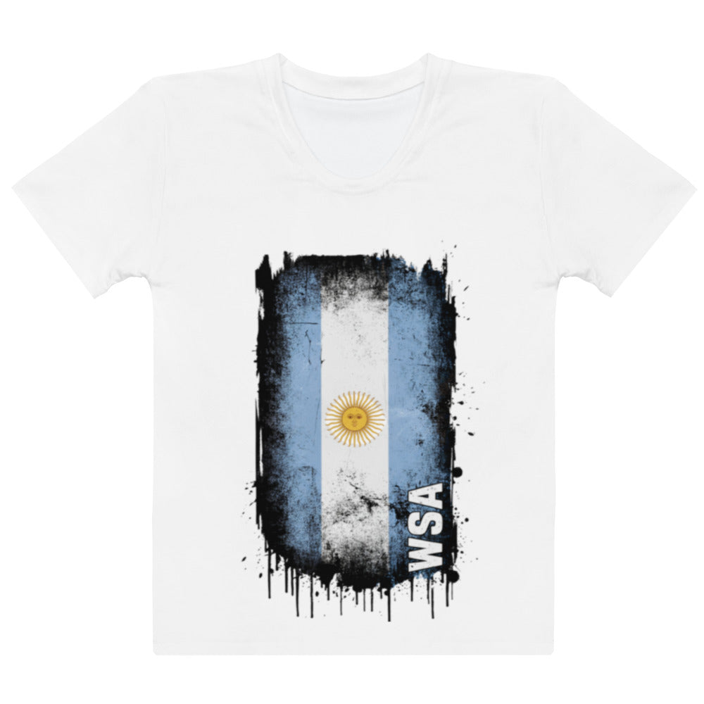 White t-shirt with a graphic of the Argentine flag and 'WSA' text on a white background