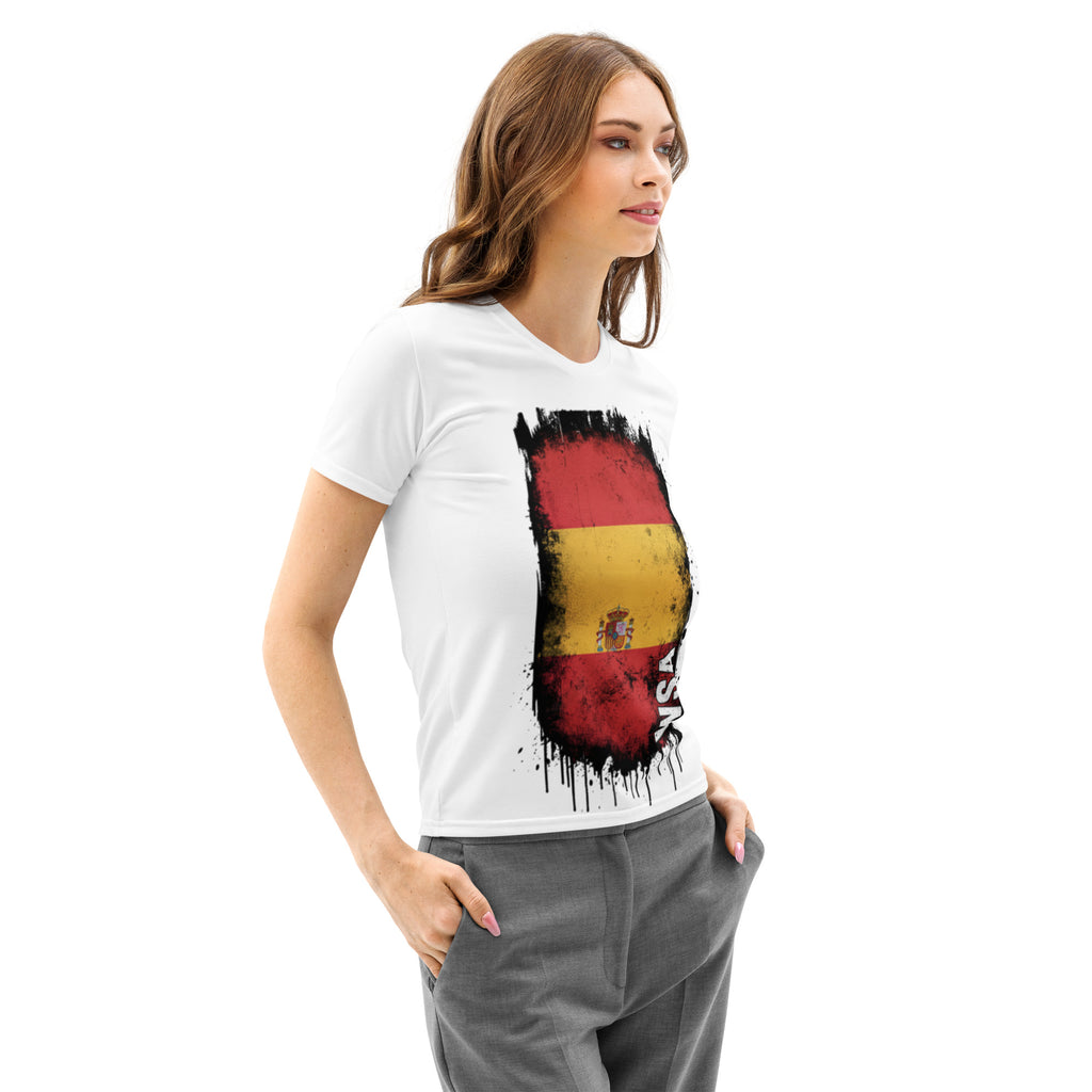 Woman wearing a white t-shirt with a colorful design on a white background