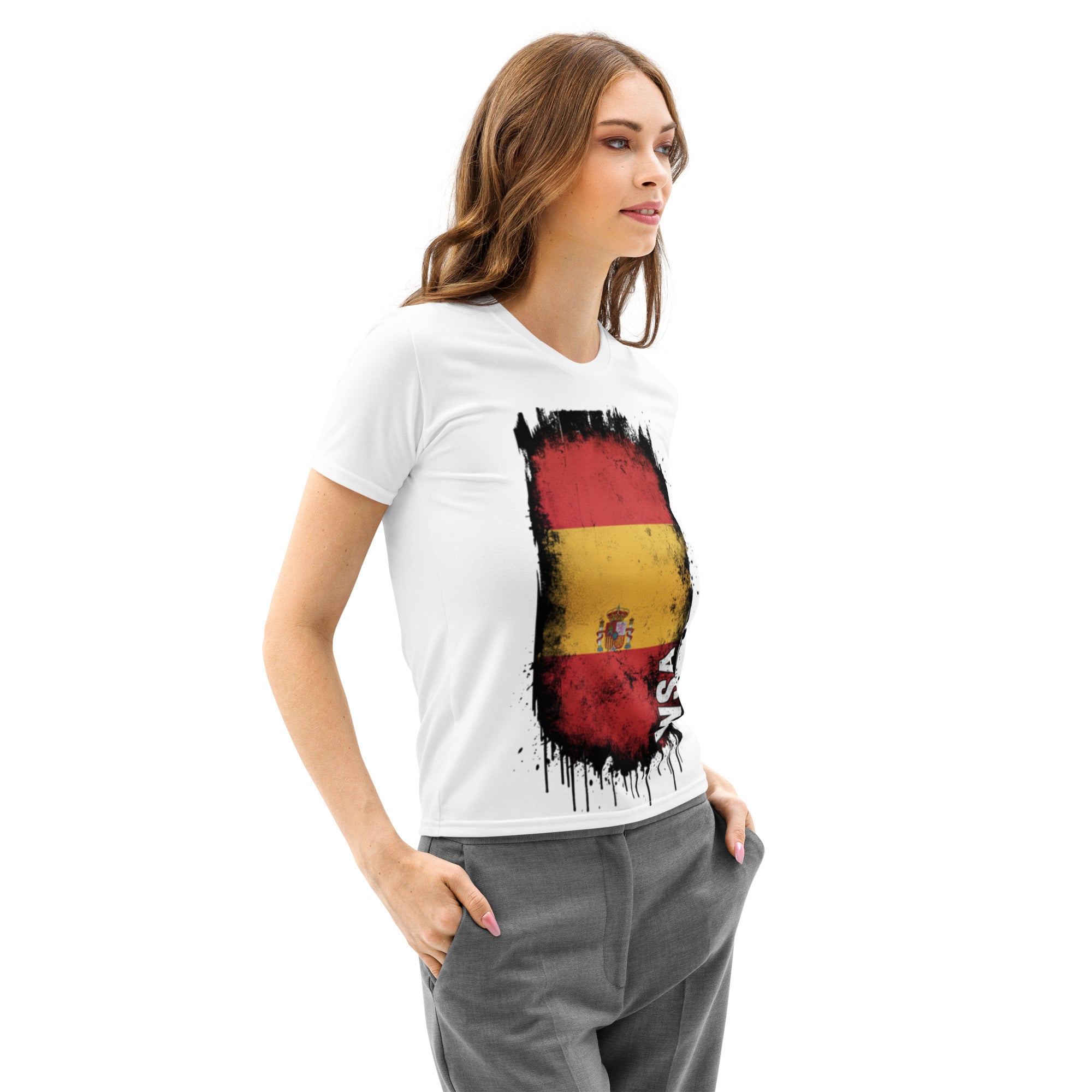 Woman wearing a white t-shirt with a colorful design on a white background