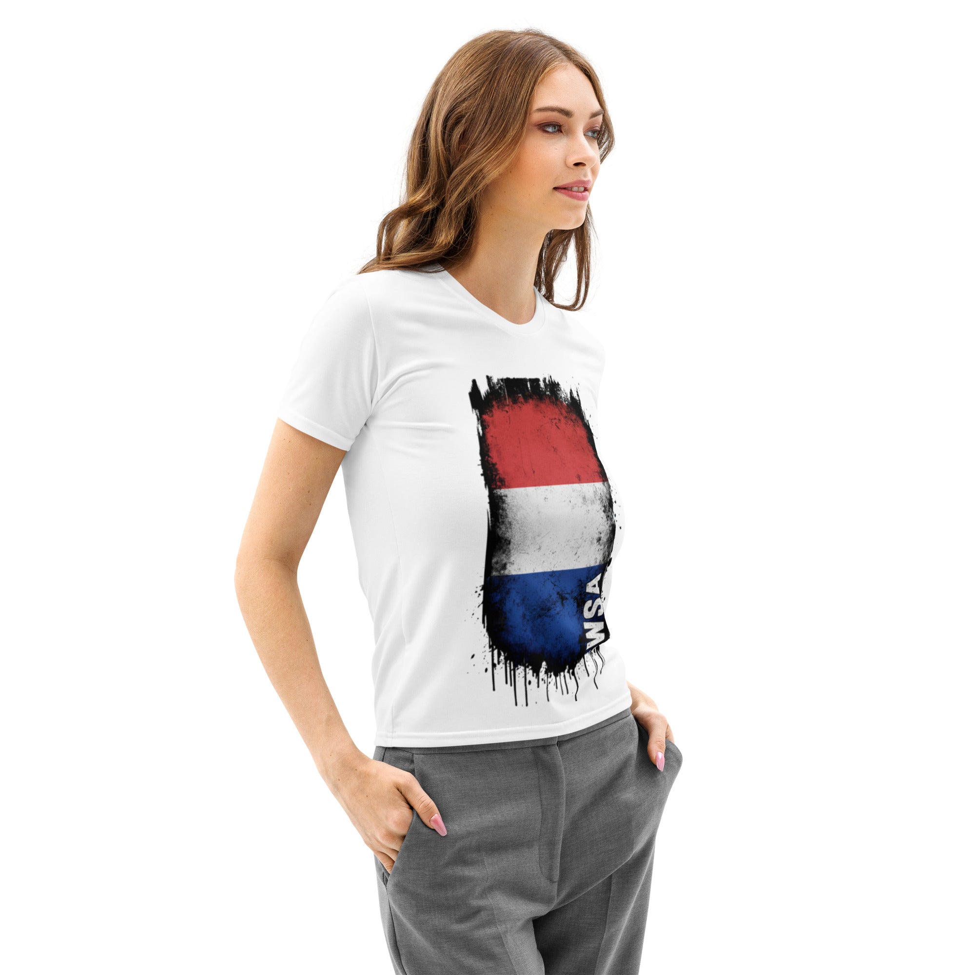 Woman wearing a white t-shirt with a colorful graphic design on a white background
