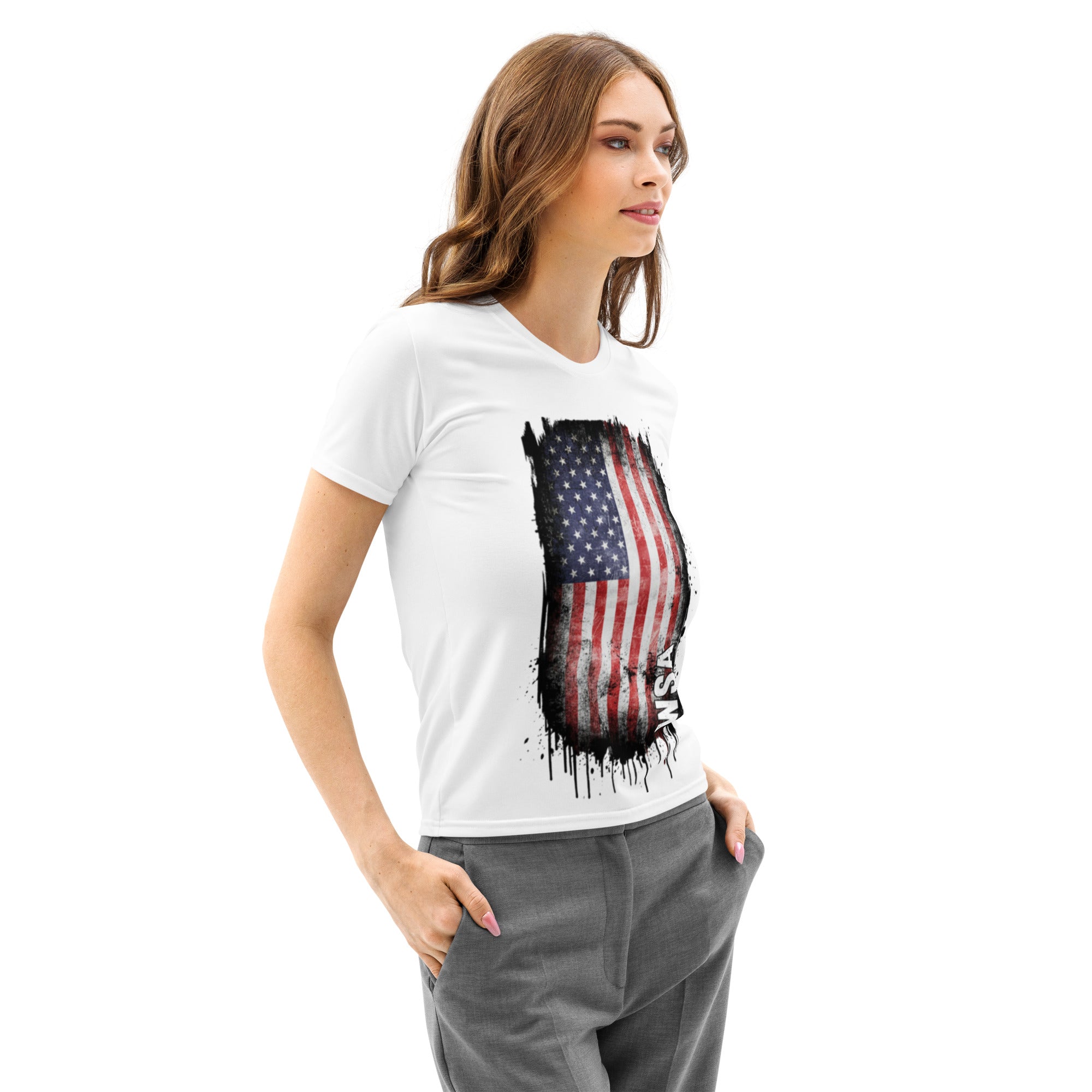 Woman wearing a white t-shirt with an American flag design on a white background