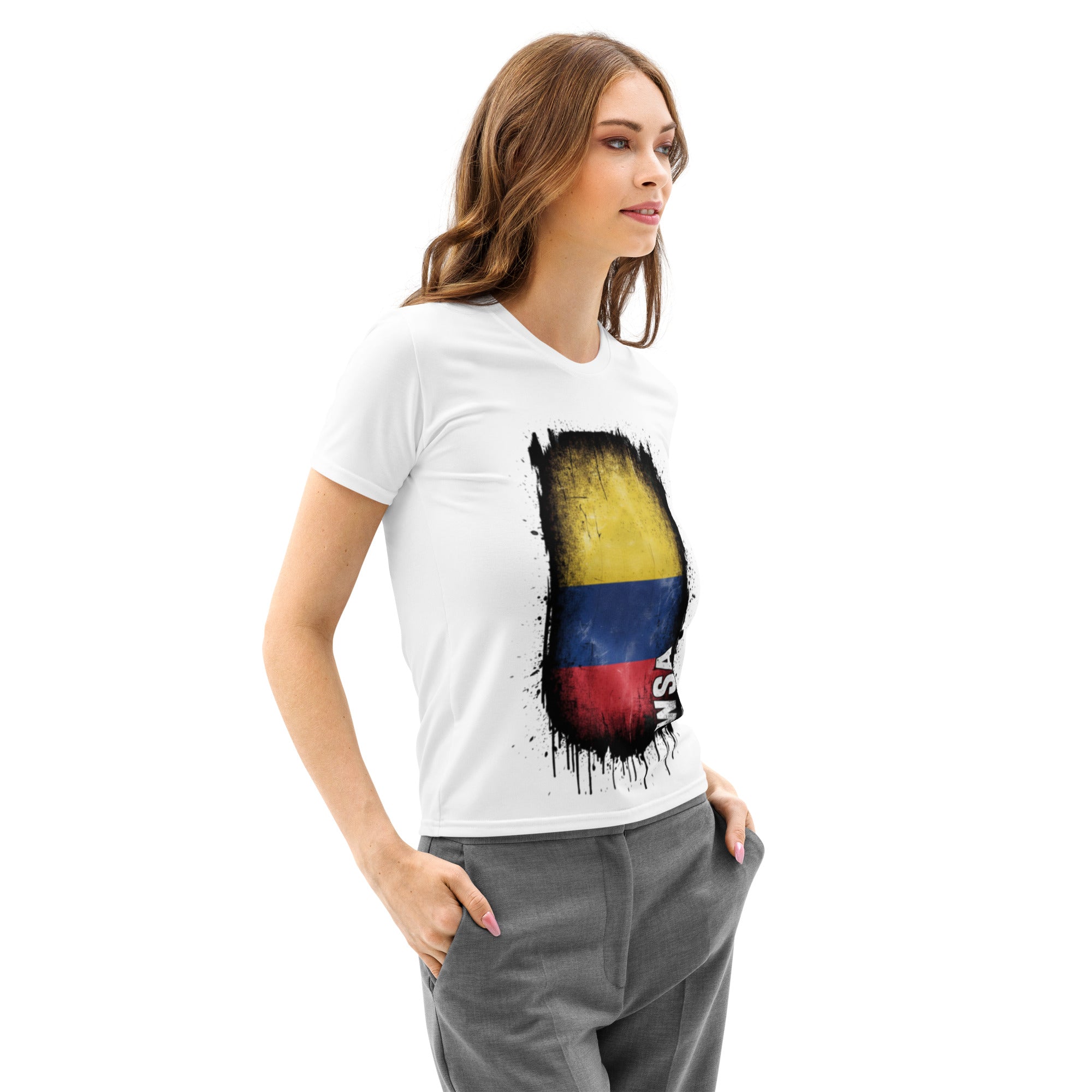 Woman wearing a white t-shirt with a colorful graphic design on a white background