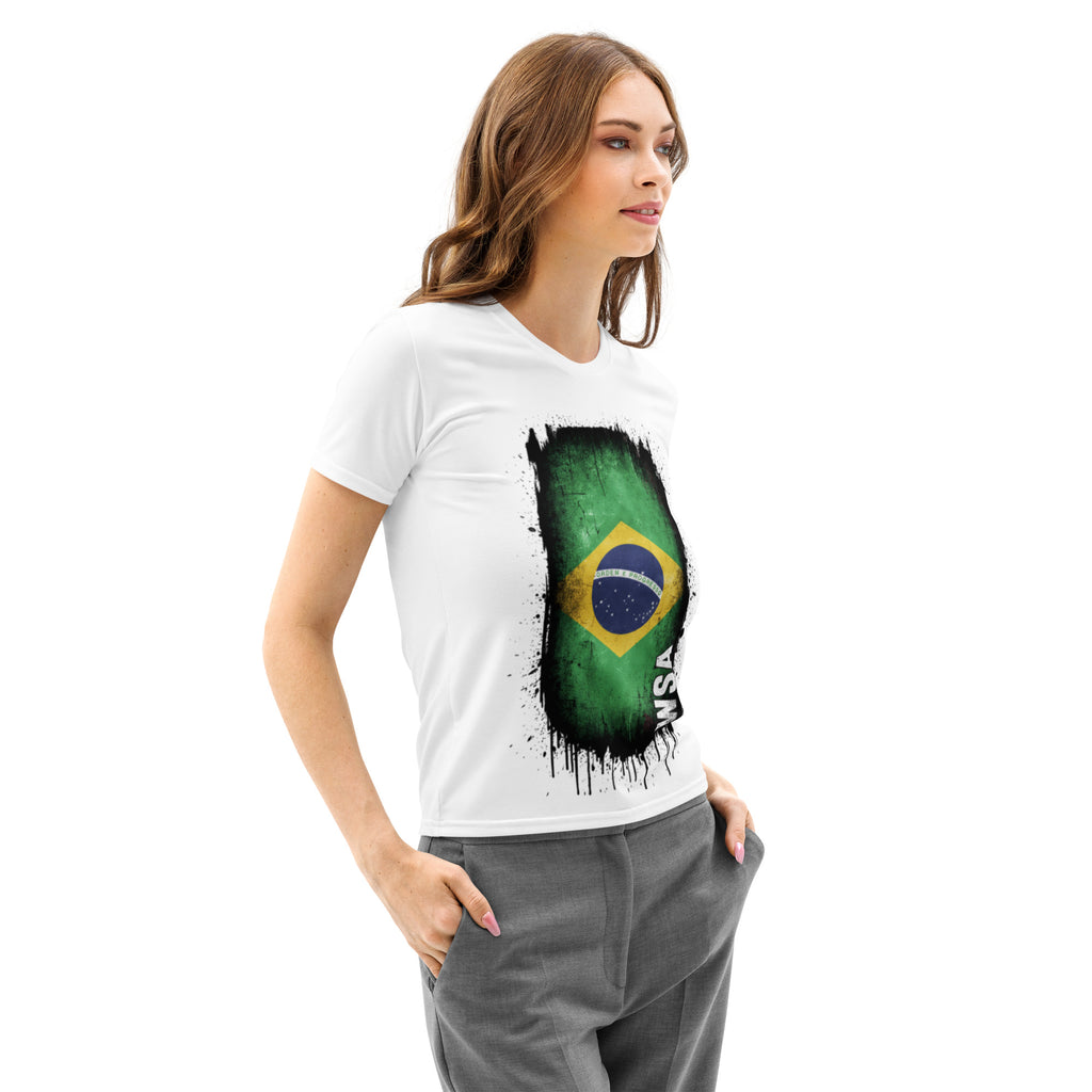 Woman wearing a white t-shirt with a Brazilian flag design on a white background