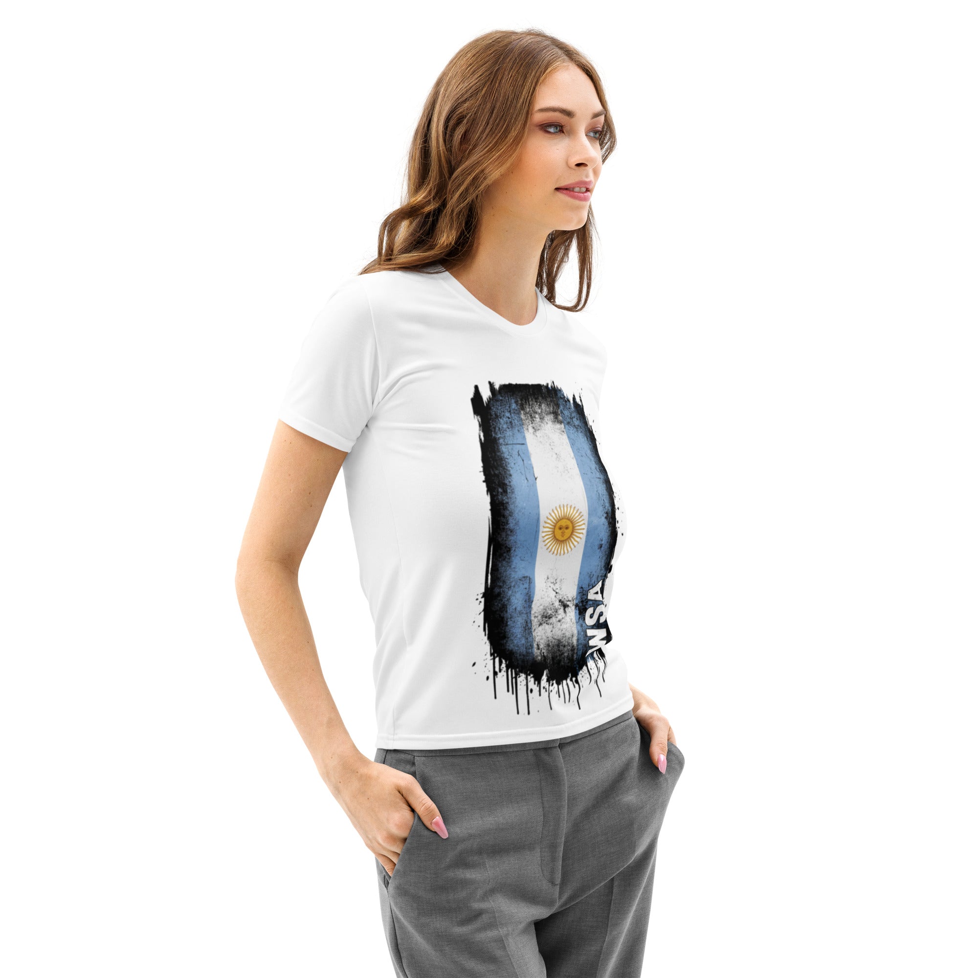 Woman wearing a white t-shirt with an Argentina flag design on a white background