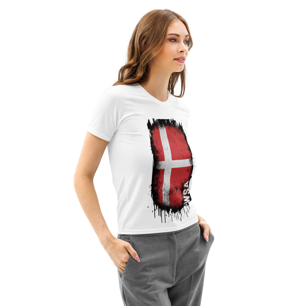 Woman wearing a white t-shirt with a red and black graphic design on a white background