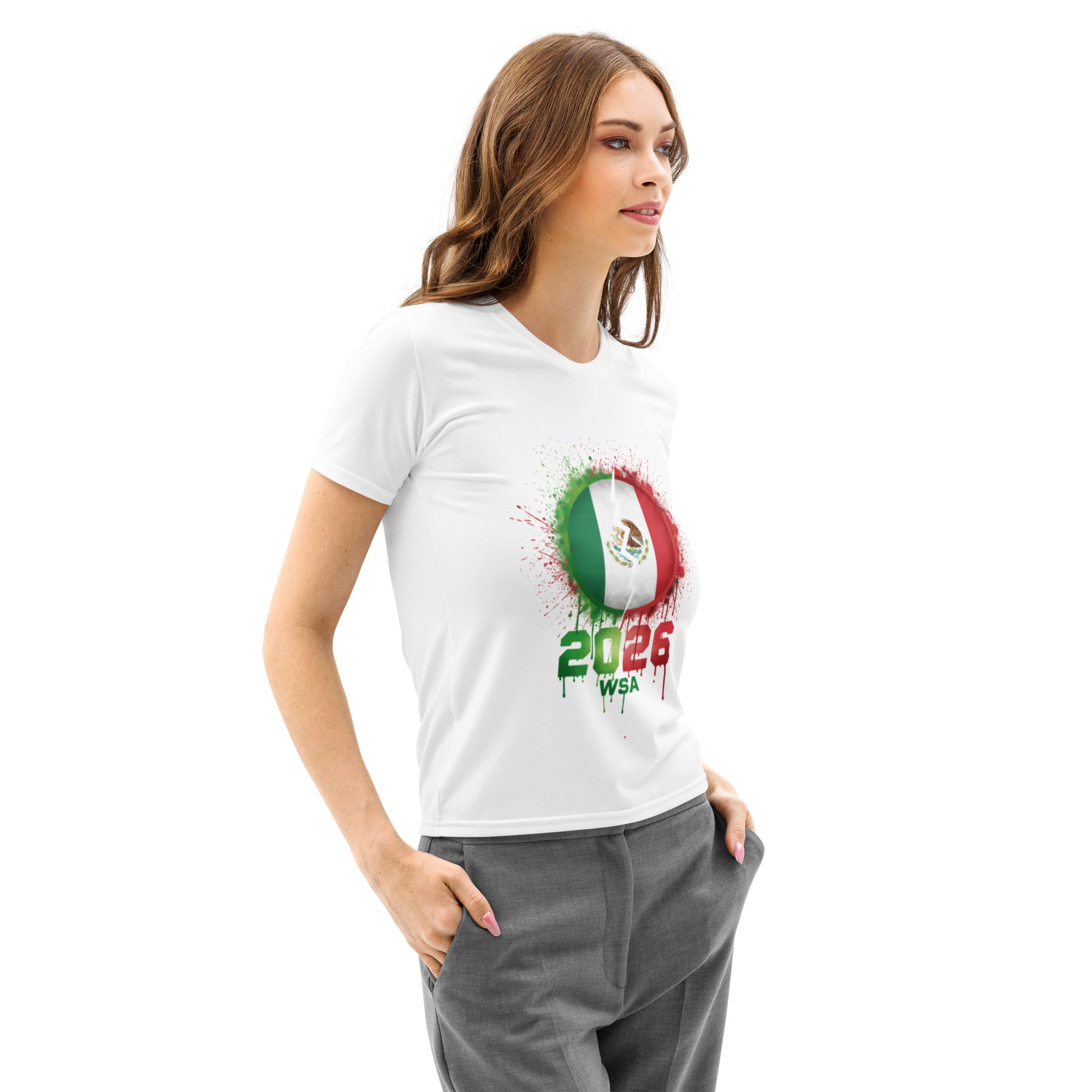 Woman wearing a white t-shirt with a graphic design on a white background