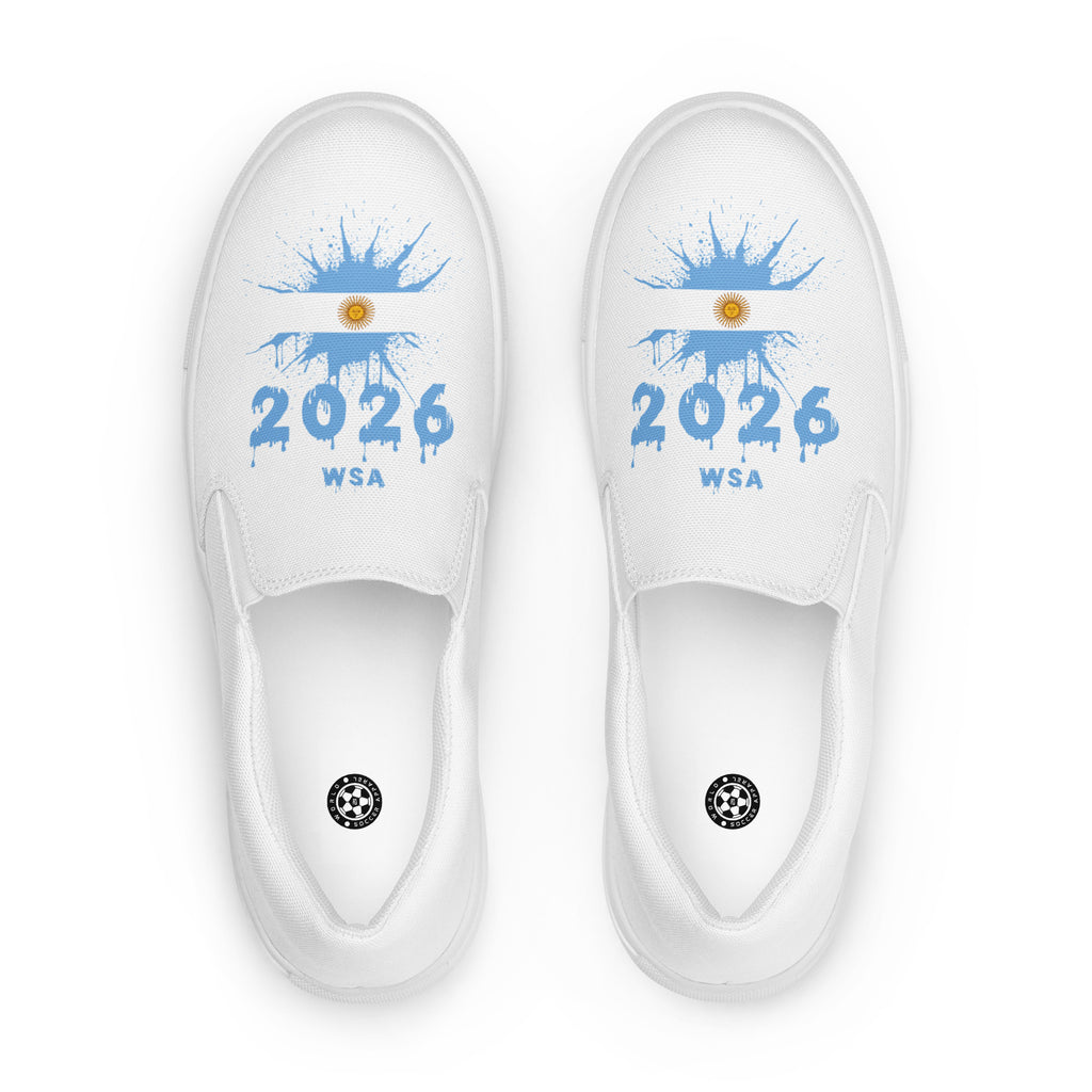 White slip-on shoes with '2026 WSA' design on a white background