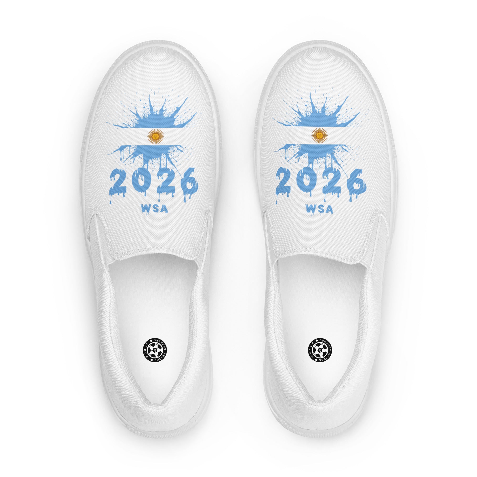 White slip-on shoes with '2026 WSA' design on a white background