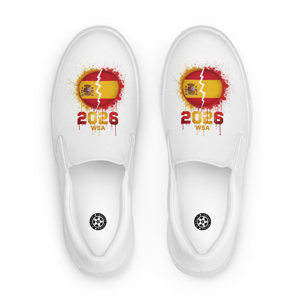 White slip-on shoes with 2026 WSA design on a white background