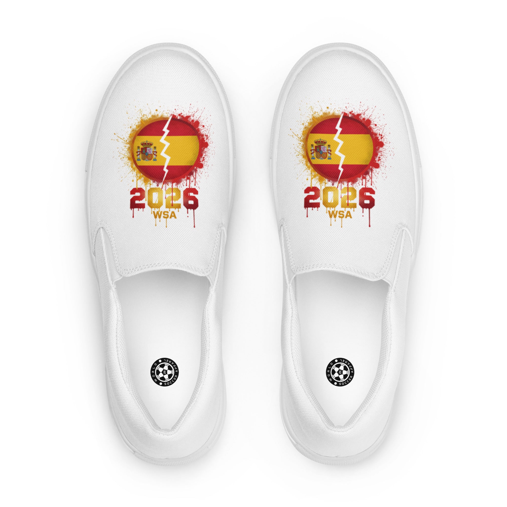 White slip-on shoes with 2026 WSA design on a white background