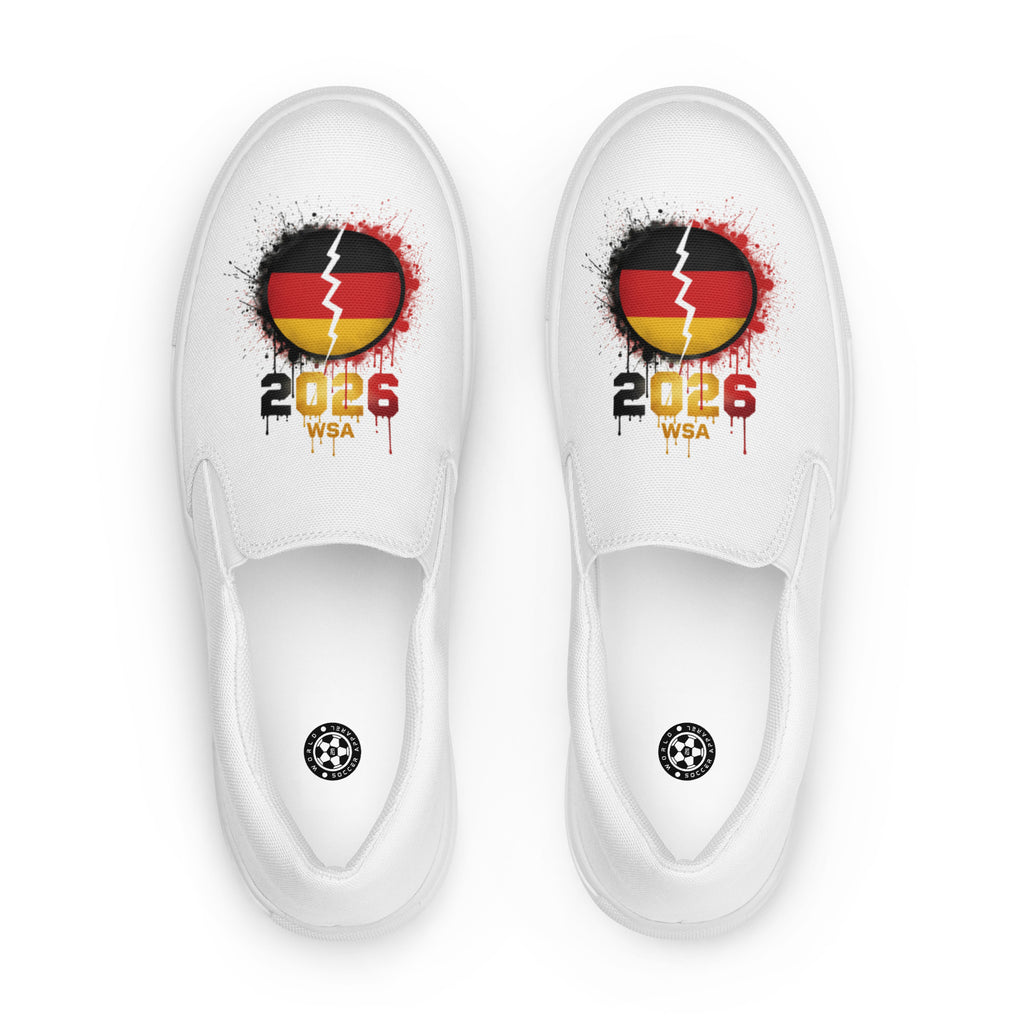 White slip-on shoes with a design featuring the number 2026, a heart, and text on a white background.