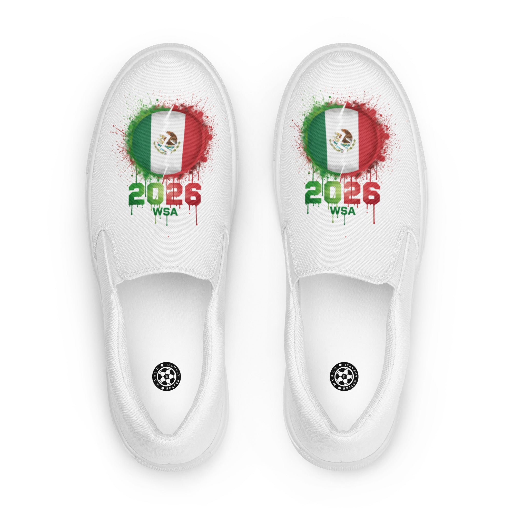 White slip-on shoes with Mexican flag design and '2026 WSA' text on a white background
