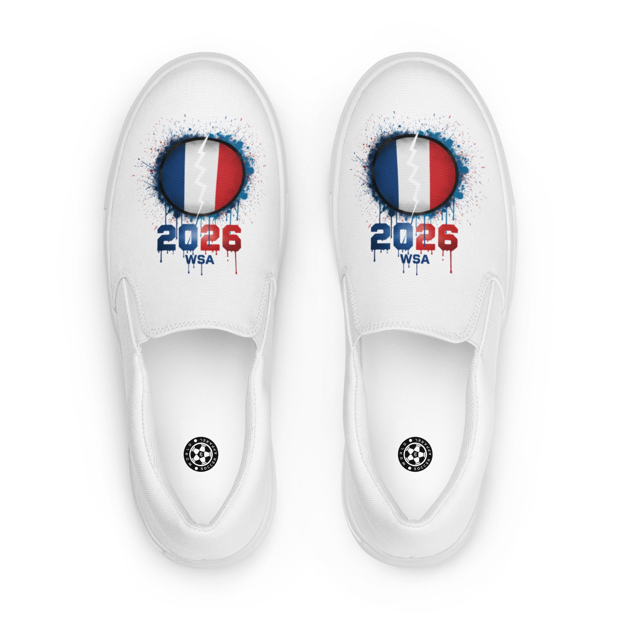 White slip-on shoes with 2026 WSA logo and French flag design on a white background
