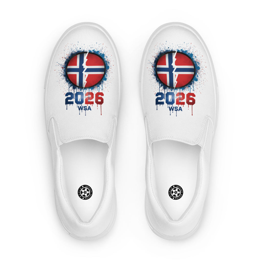 White slip-on shoes with Norwegian flag and '2026 WSA' design on a white background