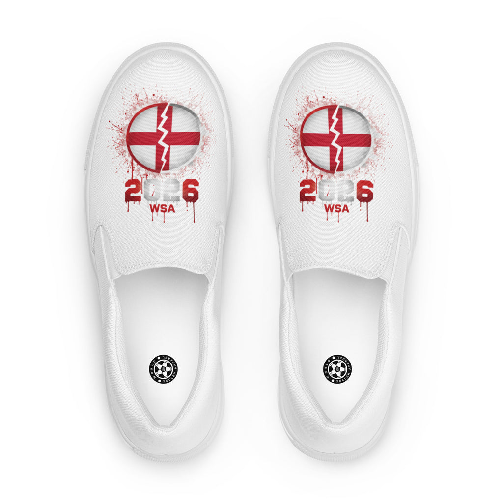 White slip-on shoes with red and white design and '2026 WSA' text on a white background
